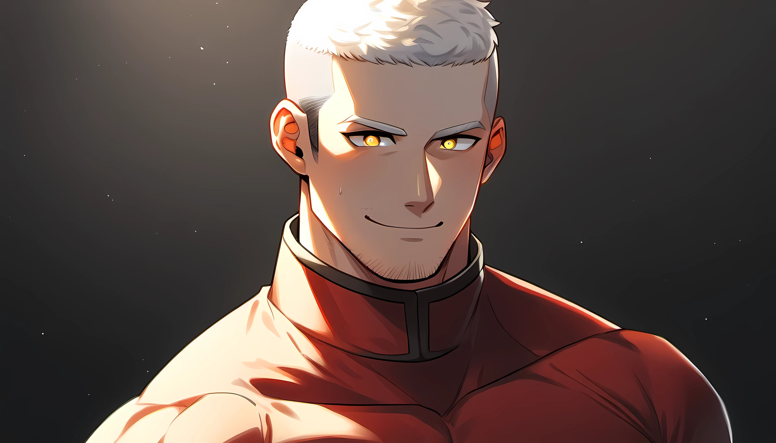 ung muscular man, male focus, High collar dark red spandex tight T-shirt, white hair, buzz clip, muscular male, muscular, only, Upper body, alone, white short hair, stubble, yellow eyes, black background, simple background, amazing quality, best aesthetics, Ridiculous, bright pupils, short hair, Smile innocently, blush, best quality