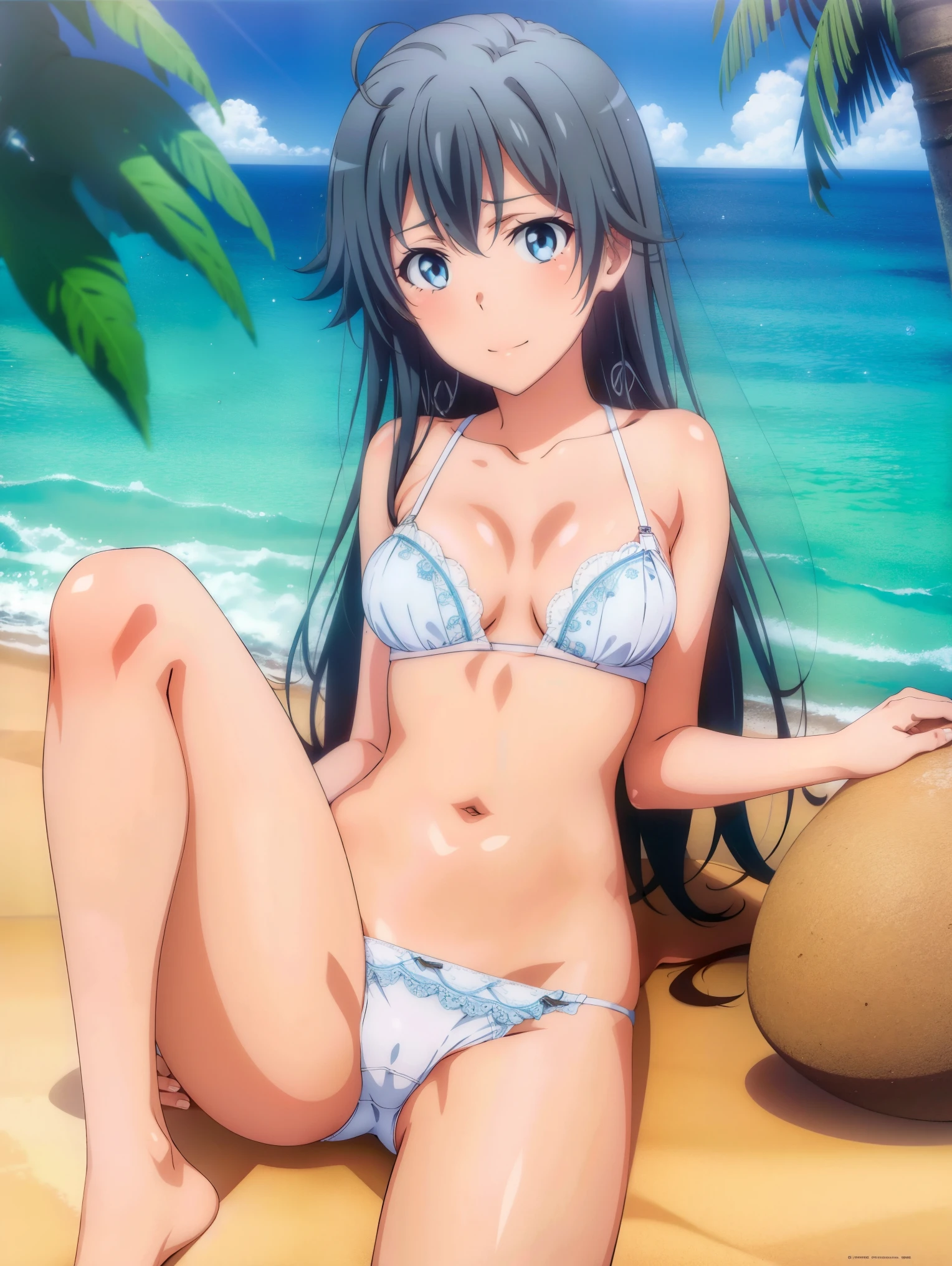 1 girl,Ocean,(yukih0sita yukino),underwear,(whole body:1,0),sit,long legs,barefoot,,(pussy cameltoe:1.0),(white bra),(White ruffled panties),