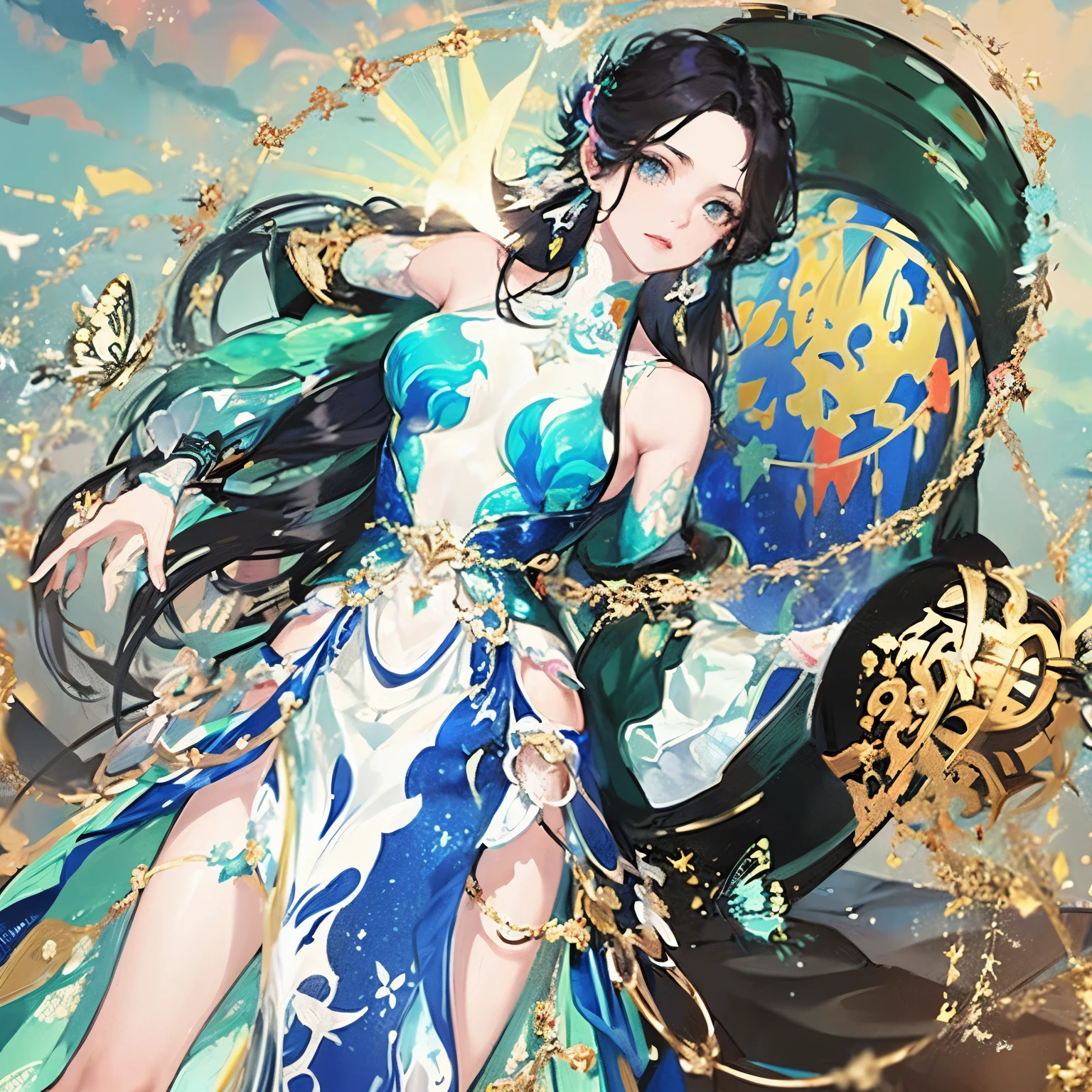 1 girl, masterpiece, Extremely detailed, ((light)), (luminescent), ((dramatic lighting)), ((Beautiful and detailed light)), intricate details, lens flare, colorful hair, rainbow hair, long hair, colorful dress, Butterfly hair accessories, Butterfly, (light particles), Put your arms behind your back, big breasts, [curved], Cowboy shooting, faint smile, green eyes, church, Multicolored Glass, spotlight, dark background, Floating hair, Floating hair, looking at the audience,((rich and colorful))
