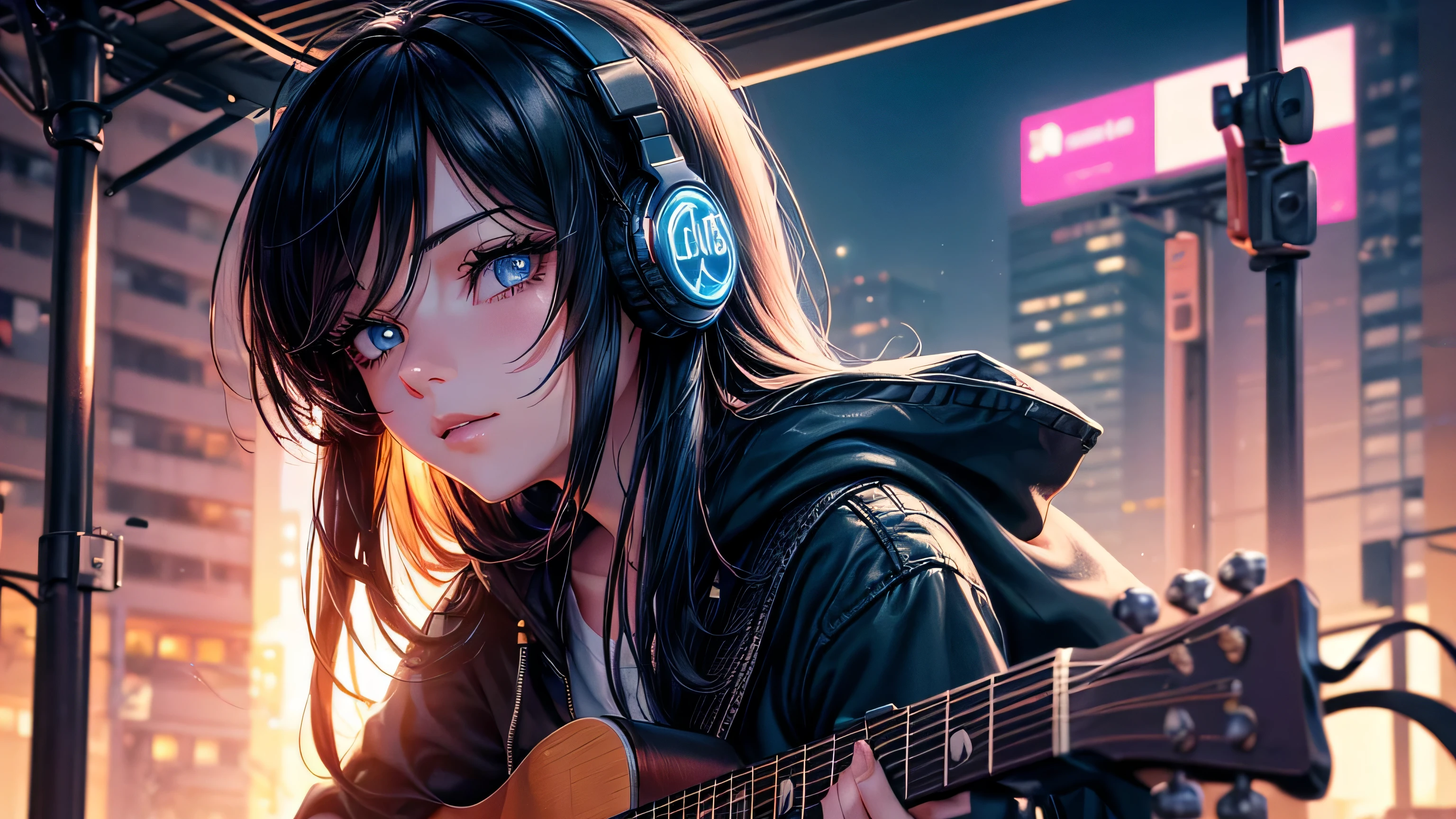 (highest quality, get used to it, perfect face, the beauty of listening to music, Sitting at the bus stop, cyberpunk style, Unique hair color, soft lighting, bright colors, sparkling ornaments, City of night, neon peaceful atmosphere, Cozy background, expressive eyes, flowing hair, please wear headphones, play the guitar bright eyes, Likeable character, alone black hair, long eyelashes, Solid Circle Eye, cast a shadow, atmospheric perspective, 8k, masterpiece, Super detailed, Accurate, highest quality, Hmm, retina, advanced details