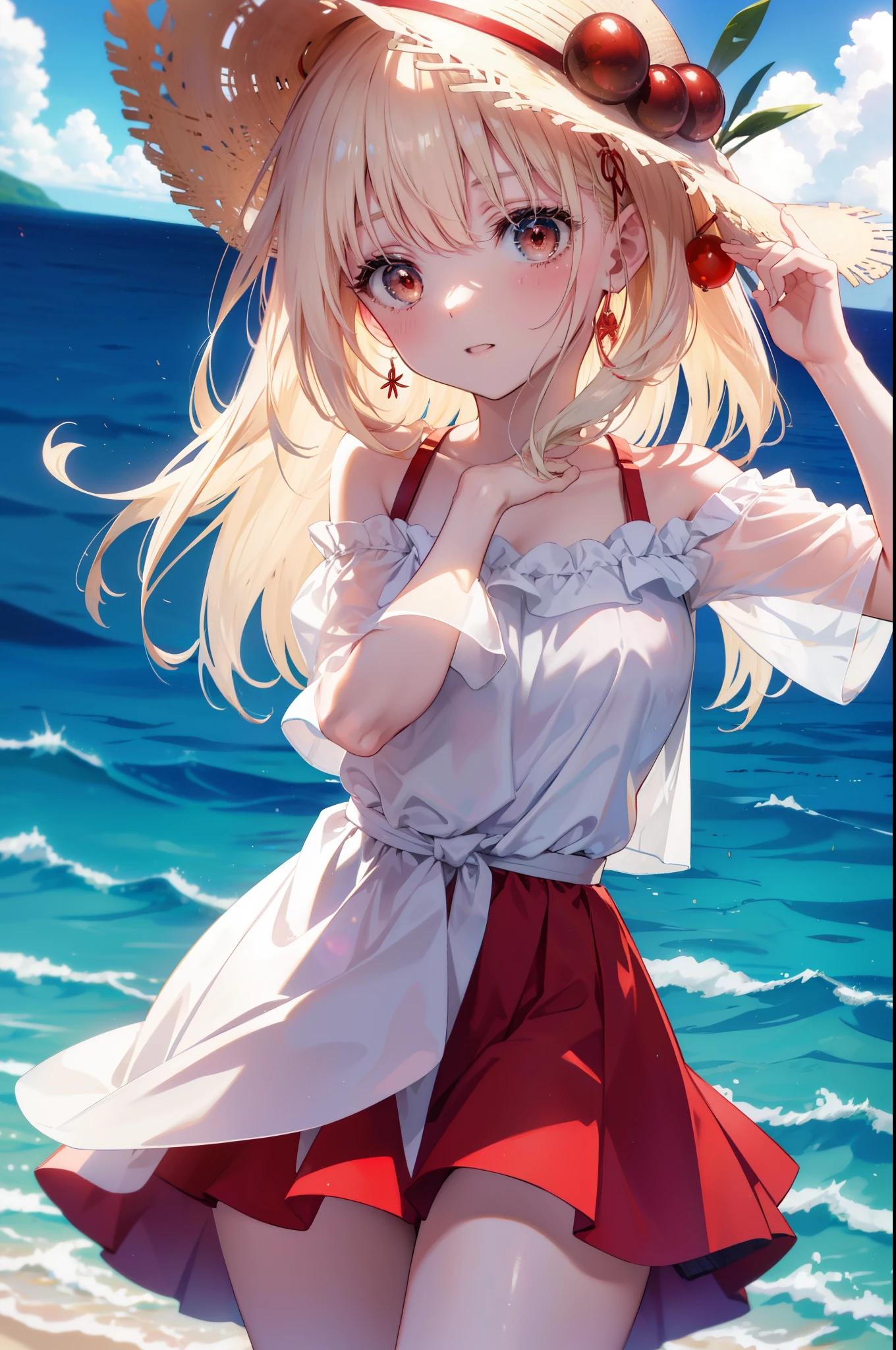 chisatonishikigi, nishikigi chisato,long hair , bangs, blonde hair, (red eyes:1.5), ,smile,blush,open your mouth,Big straw hat,off shoulder dress,long skirt,naked neck,bare shoulders,bare clavicle,Grabbing the skirt with both hands and lifting it up,barefoot,beachの砂浜を散歩しながら,Blonde hair waving in the breeze, true summer,Light of the sun,
break outdoors,beach ,
break looking at viewer, (cowboy shot:1.5),
break (masterpiece:1.2), highest quality, High resolution, unity 8k wallpaper, (figure:0.8), (detailed and beautiful eyes:1.6), highly detailed face, perfect lighting, Very detailed CG, (perfect hands, perfect anatomy),