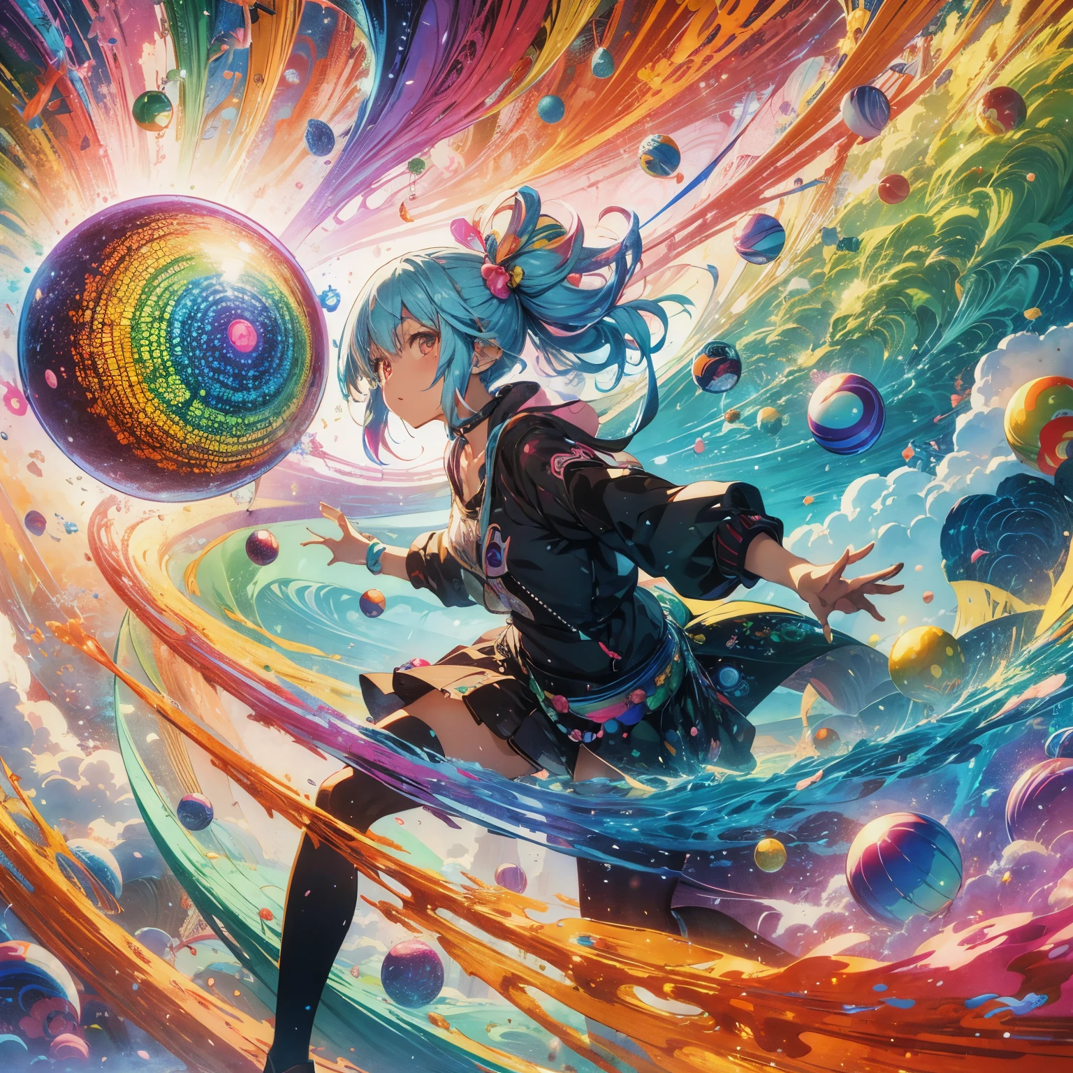 Anime girl with colorful balls and rainbow swirls in her hands, Beautiful artwork illustration, Inspired by Yumei, high detailed official artwork, dreamy psychedelic anime, colorful illustration, colorful concept art, colorful digital fantasy art, Beeple and Jeremiah Ketner, exquisite digital art, detailed anime artwork, Decora style illustration, official artwork