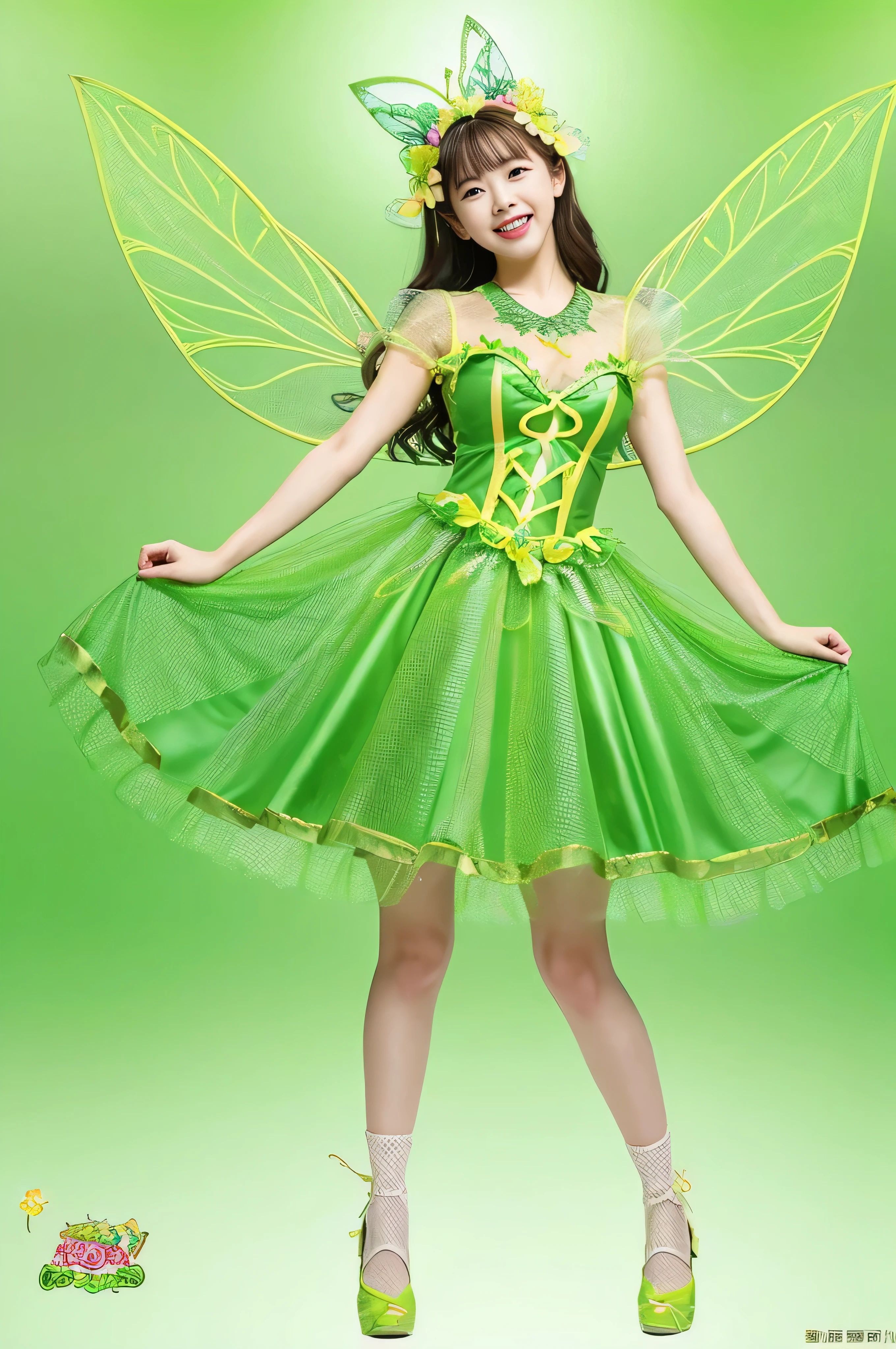 Cute fairy of a beautiful girl wearing a count&#39;s head&#39;The flesh is green、A melon with a fine mesh pattern on the skin.、Full body pose wearing an earl&#39;s dress&#39;A melon design that jumps with a cheerful smile。The beautiful girl fairy that is generated is、、Describe the whole body so that it does not protrude from the screen