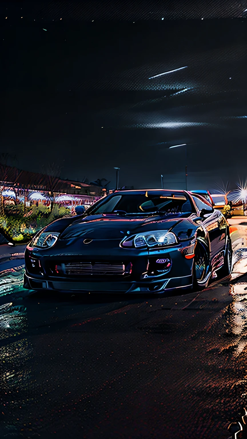 (STANCE), masterpiece,best quality,official art,extremely detailed CG unity 8k wallpaper,illustration, light,car, bright, sports car, vehicle focus, road, ((need for speed)),((NFoving, wet, (((night, midnight))),neon lights,drift,  (MARKII)