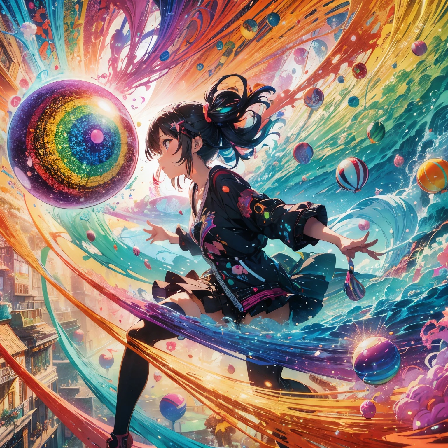 Anime girl with colorful balls and rainbow swirls in her hands, Beautiful artwork illustration, Inspired by Yumei, high detailed official artwork, dreamy psychedelic anime, colorful illustration, colorful concept art, colorful digital fantasy art, Beeple and Jeremiah Ketner, exquisite digital art, detailed anime artwork, Decora style illustration, official artwork