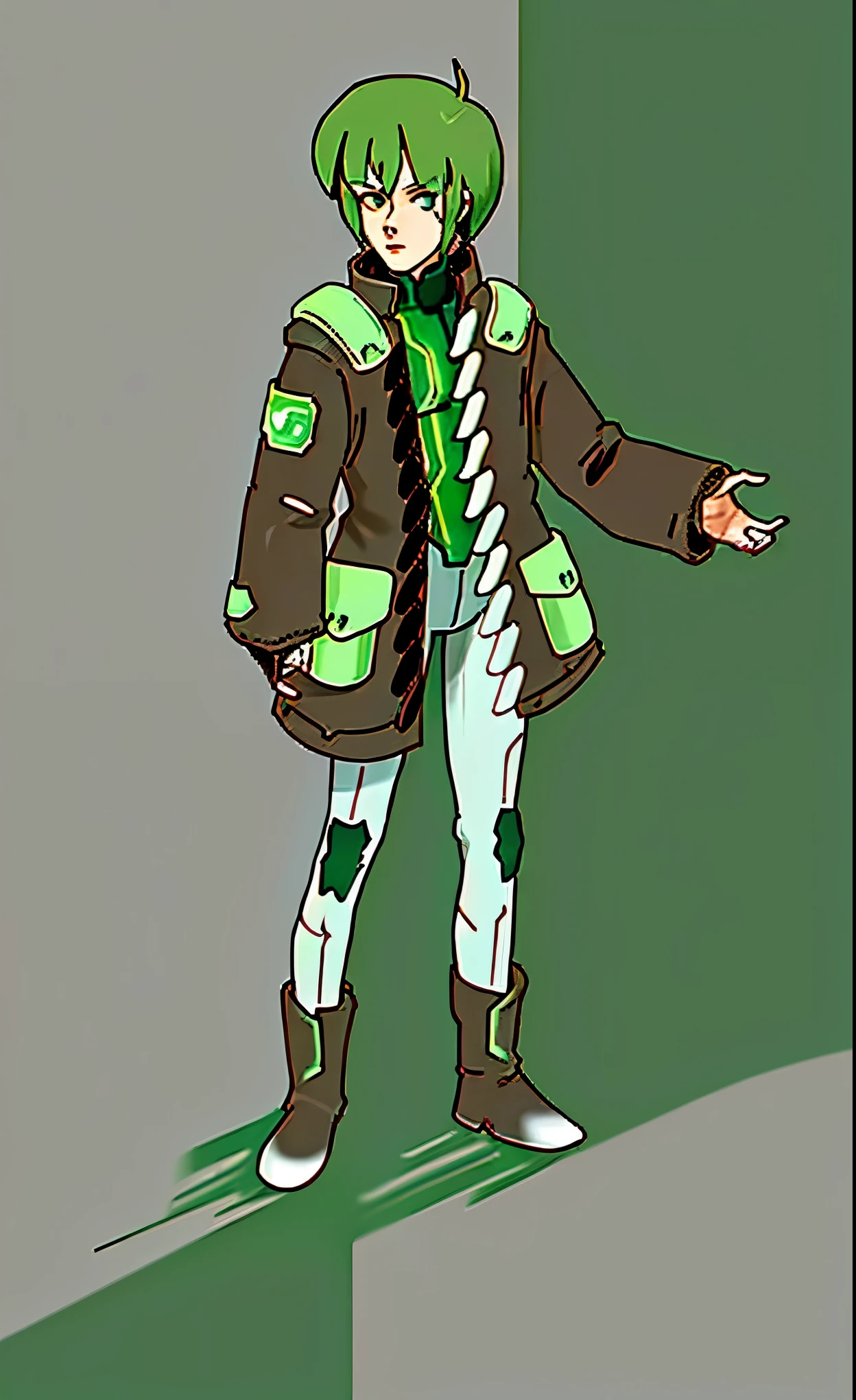 Science fiction boy in futuristic clothing, green hair, brown jacket