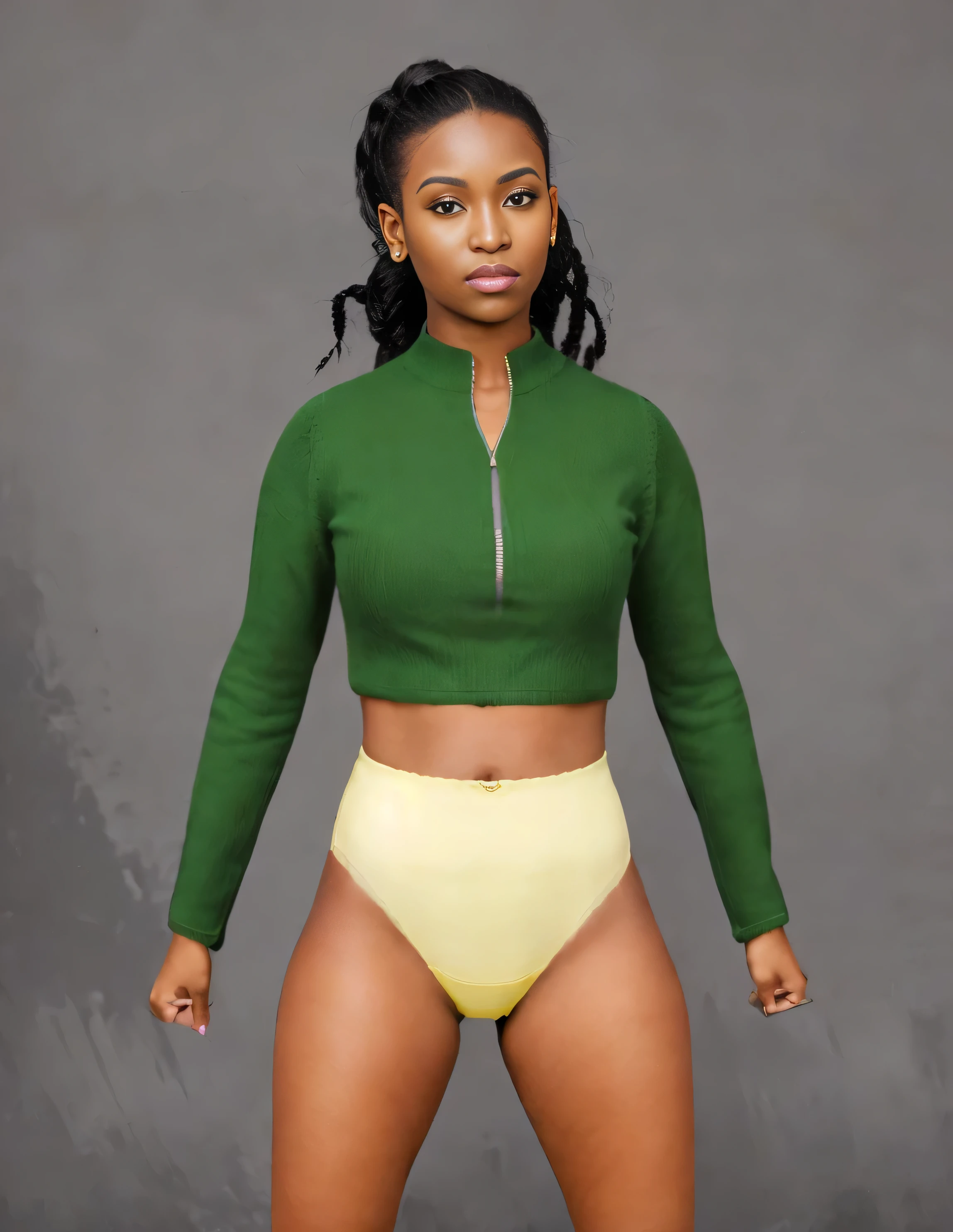 ((masterpiece, best quality)), ((28 year old)), (((Curvy))), (((Black woman with long black ponytail)), in green sweater, ((yellow high cut panties)), (((Large Hips))), Standing in front of a grey screen, (((photo realistic)))