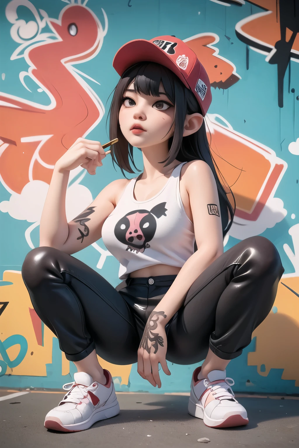 ((best quality)), ((Masterpiece)), (details), ใบหน้าที่สมบูรณ์แบบGraffiti Asian girl Graffiti style Wearing a hip-hop hat, wide ears, nose piercing, cigarettes, a Slipknot tattooed tank top, hip-hop pants and oversized Nike sneakers, squatting position, leather soles, graffiti, Thai style, graffiti clouds, graffiti work.