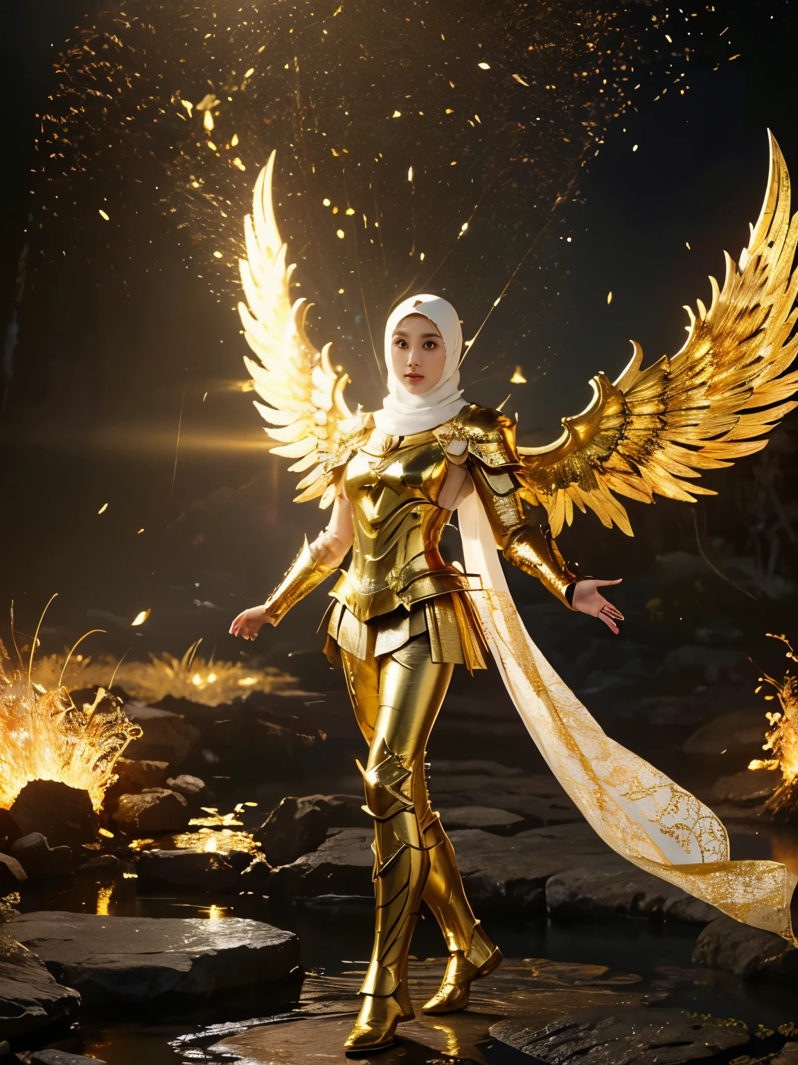 Extremely realistic, Ultra detailed, HD, Portrait, 8K, chinese cute teen girls dressed in white and gold with spread wide wings, (holding single flaming gold iron swords:1.2), (wearing hijab:1.5), (full iron golden armor:1.5), ornate cosplay, as a mystical valkyrie, the sailor galaxia, beautiful, white and gold priestess robes, anime cosplay, glamourous cosplay, with fiery golden wings, ((full iron trousers armor)), cosplay, professional cosplay, goddess of light, full body angel, cosplayer, perfect makeup, perfect face, beautiful face, beautiful body, arms covered with cloth, thighs covered with cloth, waterfall background, ((body object floating flying in the air:1.2)), foggy, fantasy weather, lightning strikes on either side, dramatic sttudio lighting, The atmosphere looks real, Full body shot, Front angle, ultra realistic, Professional, 