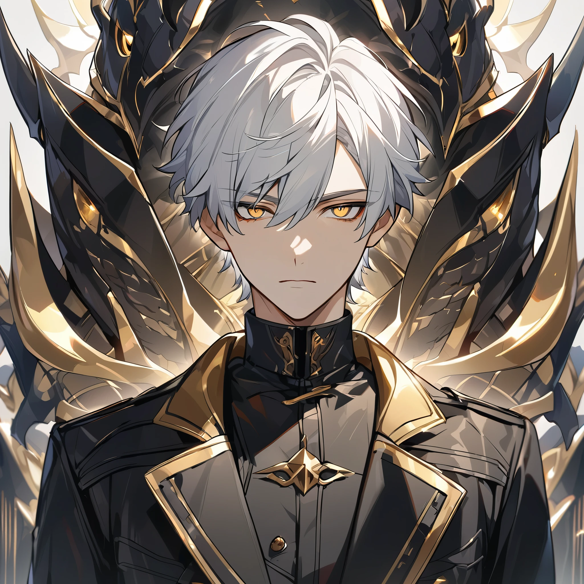 Handsome male, 1male, , teenager, golden lining, short white hair, flat cut hair, sharp eyes, gold eyes, devil may cry, close up, calm expression, stoic, black leather clothes, black jacket, black gloves, upper body, looking at viewer, cowboy shot, black dragon background