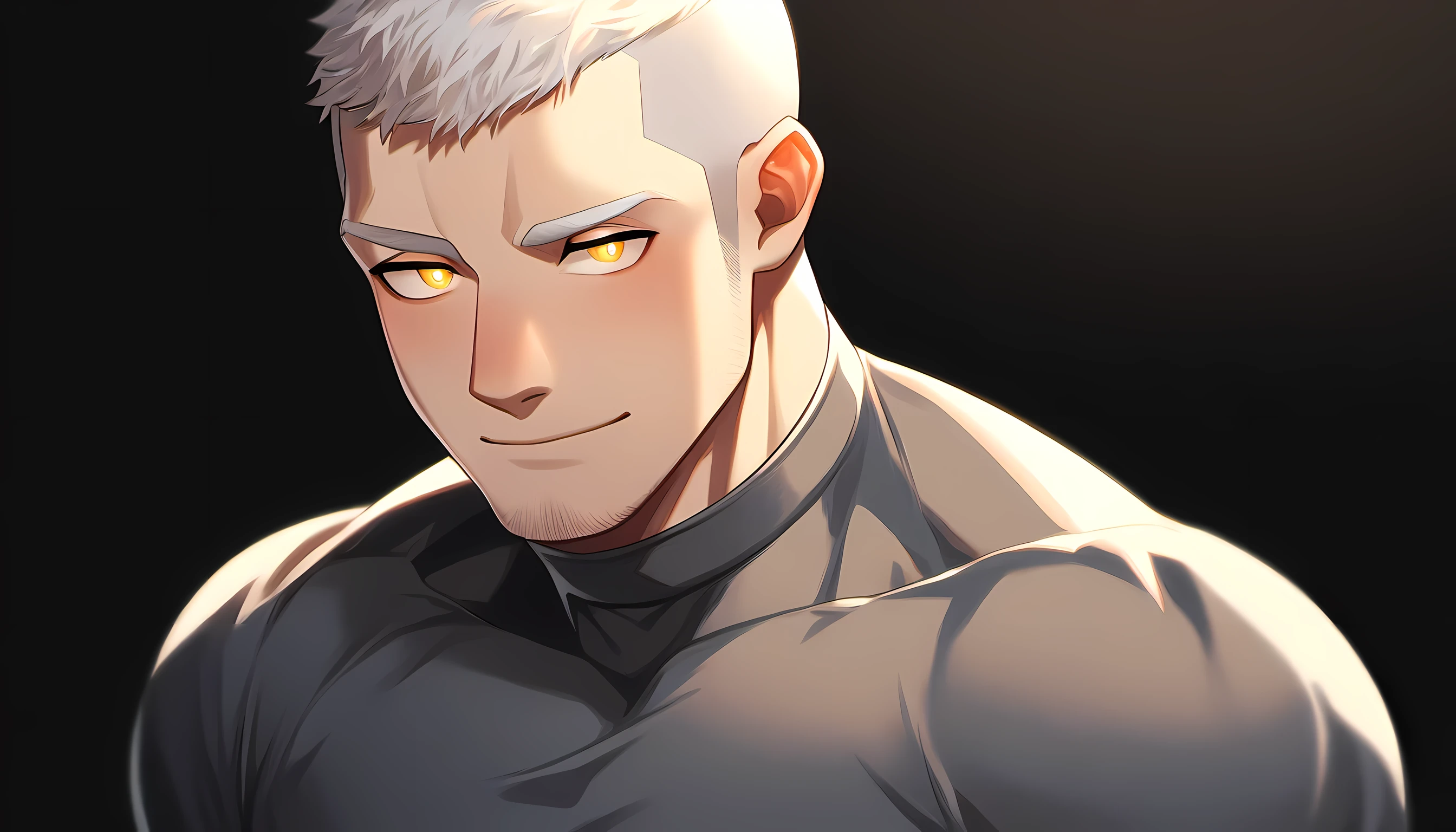 1 young muscular man, male focus, High collar dark gray spandex tight T-shirt, white hair, buzz clip, muscular male, muscular, only, Upper body, alone, white short hair, stubble, yellow eyes, black background, simple background, amazing quality, best aesthetics, Ridiculous, bright pupils, short hair, Smile innocently, blush, best quality
