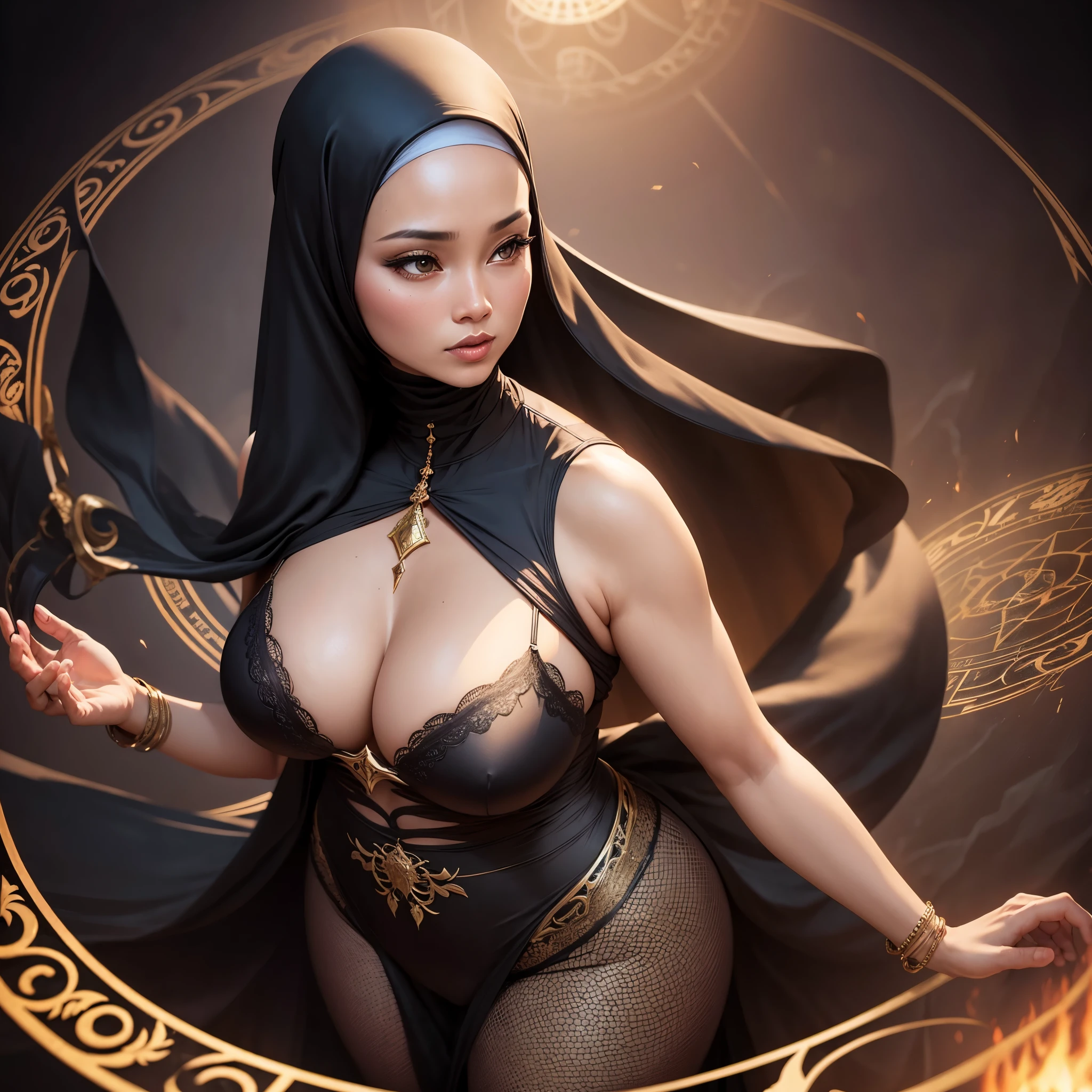 A (mature (age 40) curvaceous Malaysian woman, hijab no hair showing, silk magic gown), is a witch summoning a mythical monster into a magic circle