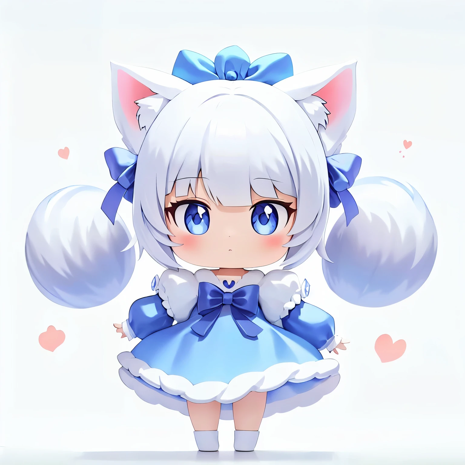 1girl, animal ears, tail, chibi, white hair, cat ears, solo, cat tail, long hair, hair ornament, cat girl, virtual youtuber, dress, blue eyes, ahoge, bow, white background, animal ear fluff, hairclip, holding
