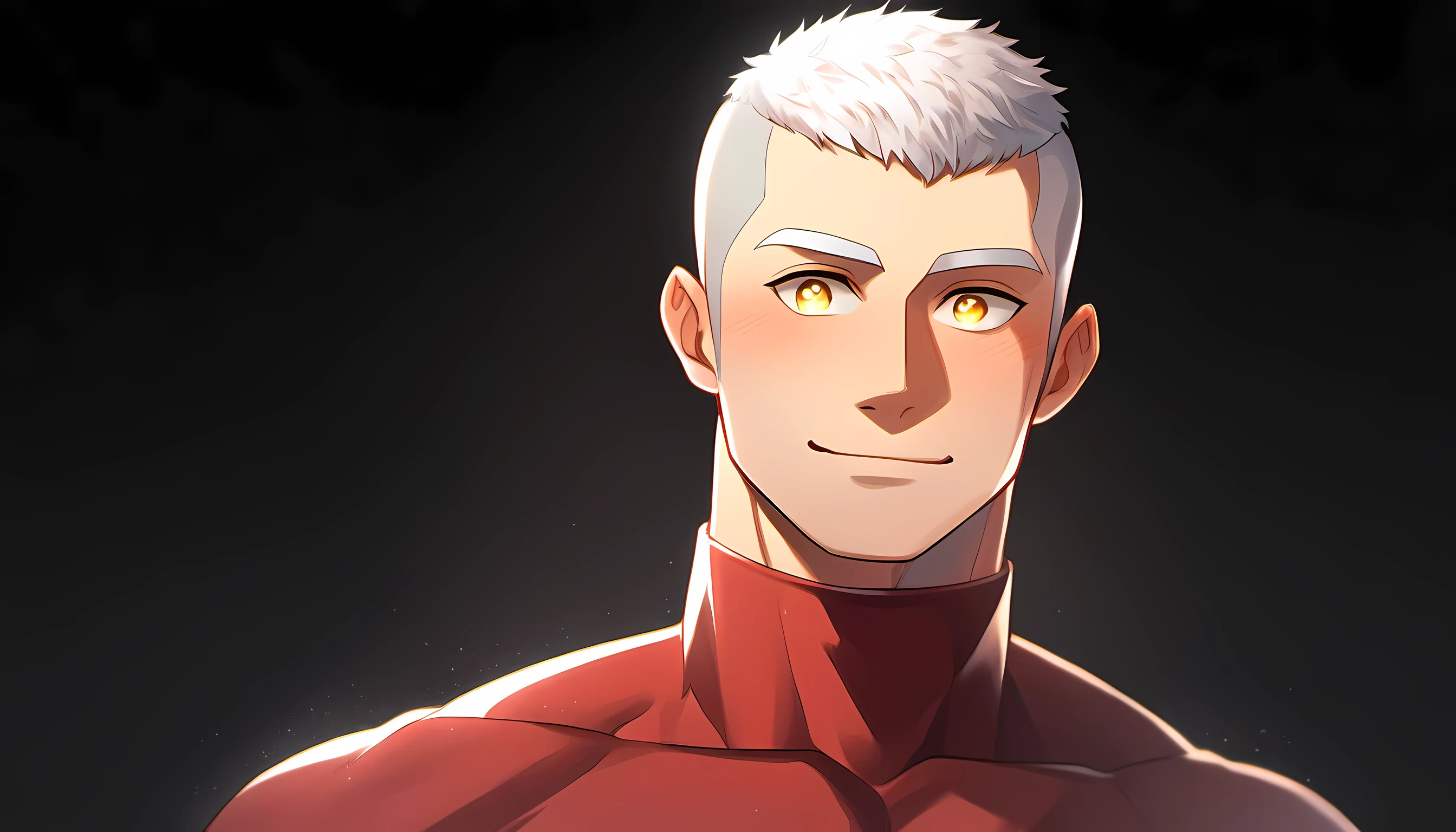 1 young muscular man, male focus, High collar dark red spandex tight T-shirt, white hair, buzz clip, muscular male, muscular, only, Upper body, alone, white short hair, stubble, yellow eyes, black background, simple background, amazing quality, best aesthetics, Ridiculous, bright pupils, short hair, Smile innocently, blush, best quality