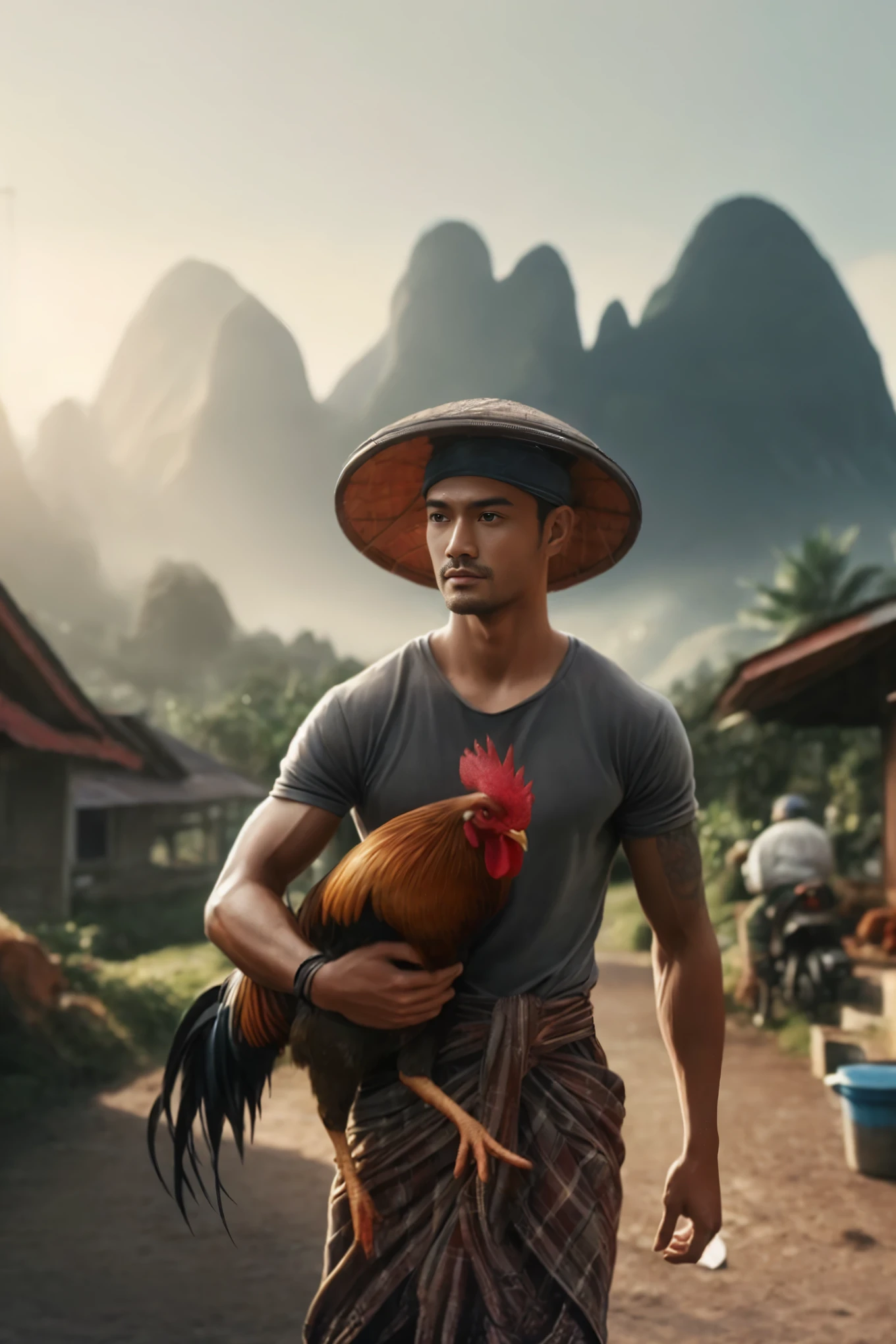 arafed man carrying a rooster in a village with mountains in the background, inspired by Rudy Siswanto, by Rudy Siswanto, wlop and ross tran, artwork in the style of guweiz, ross tran 8 k, tithi luadthong, japanesse farmer, cinematic. by leng jun, asian male, ross tran and wlop