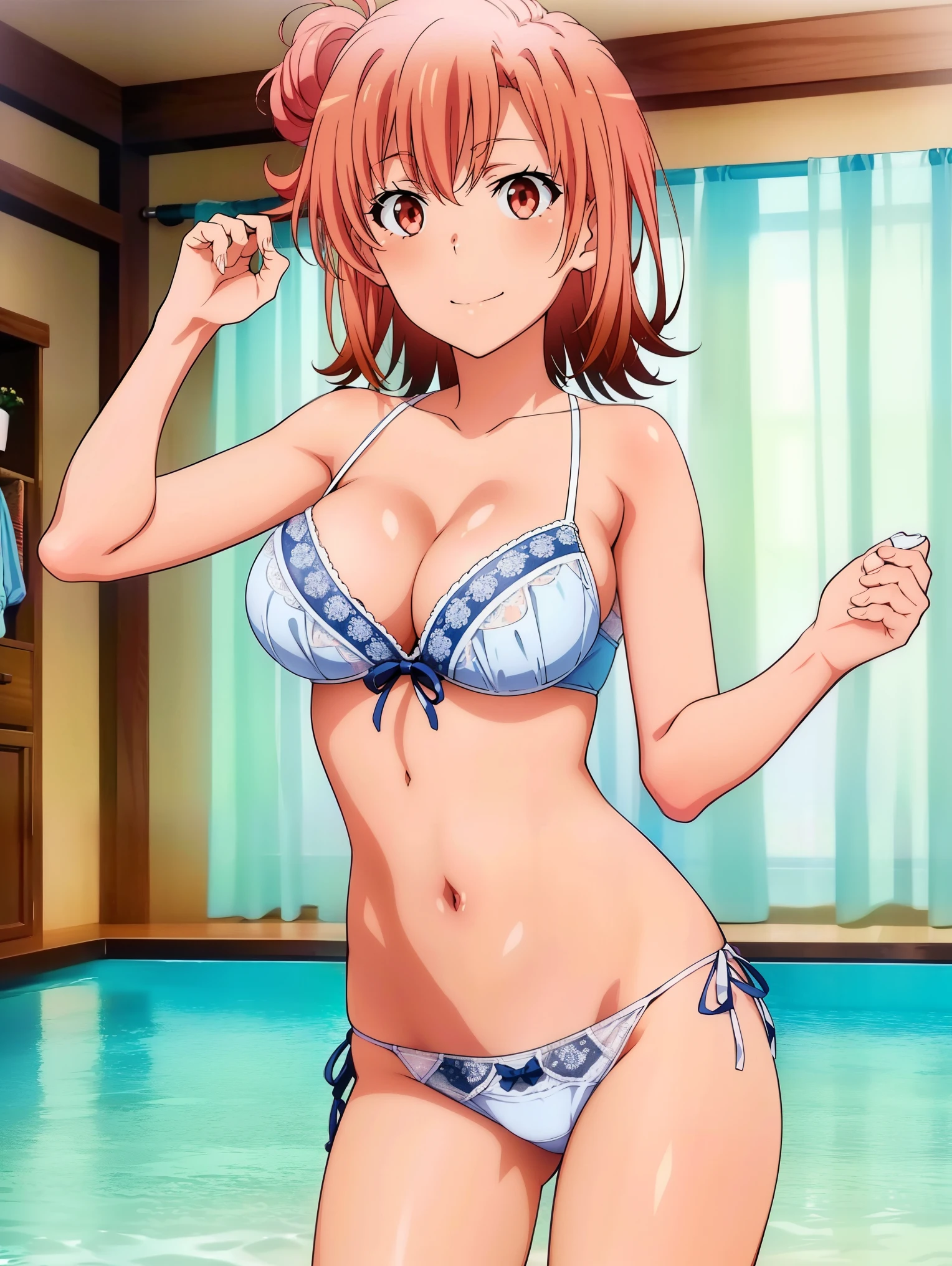 1 girl,(Ocean),(Yuigahama Yui),big breasts,,open mouth smile,,Are standing,long legs,calf,ankle,(Toe)(pussy cameltoe:1.0),(white bra),(White ruffled panties),