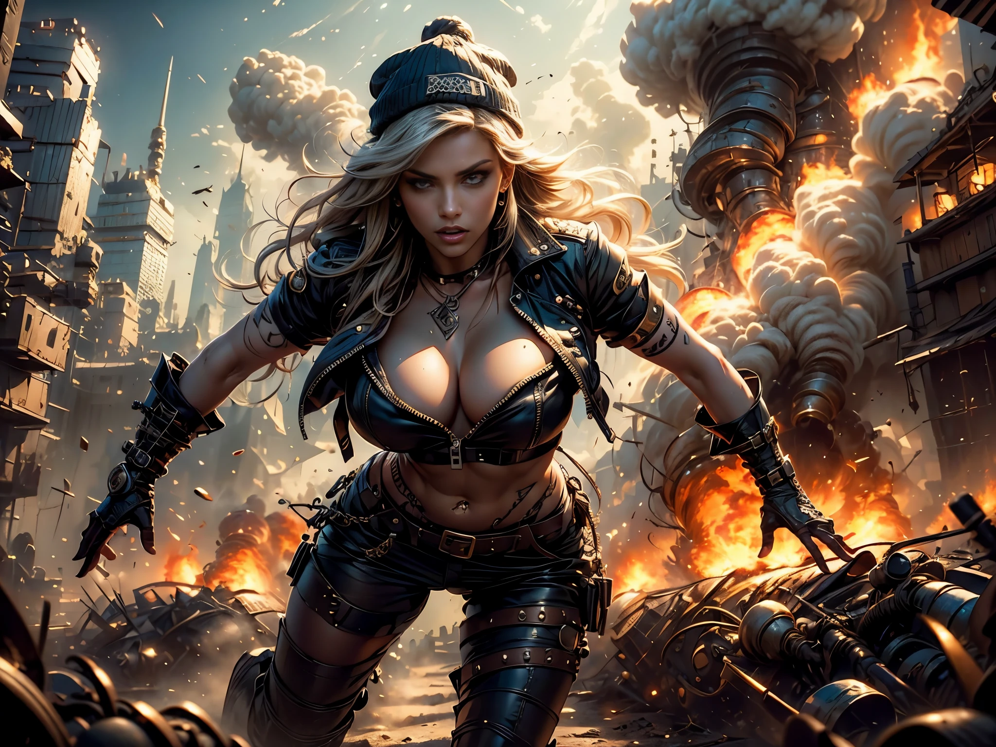 8K high resolution and sharp image. La imagen debe ser super original y compleja, con una variedad de colores hermosos y vibrantes.(Obra maestra, Mejor calidad),Incredibly beautiful young girlfriends running away through the streets, This illustration captures beautiful punk style radiant, flowing hair... vestida al estilo Mad Max, lleva un gorro de piloto de cuero adornado con intrincados adornos, una chaqueta de cuero rasgada que cubre su torso adornado con numerosos adornos y tachuelas de metal. Her outfit is completed with punk-inspired pants and combat boots...She poses dynamically and sensually.., her captivating expression, radiating an aura of confidence and challenge. The backdrop of this masterpiece is nothing short of epic.., showing a destructive apocalyptic explosions scene, 32k