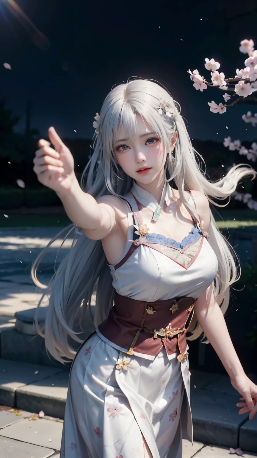 ((logo, masterpiece, 8k, table top, RAW photo, wonderful, 最high quality, Photorealistic and hvery detailed CG integrated 8k wallpaper, high quality, very detailed, Narrative poem, particle effects, dynamic effects, Depth of written boundary, cinematic light, Lens flare, ray tracing, anatomically accurate)), fantasy, 1 beautiful woman, ((white hair)), clear eyes, long hair, beautiful face, real face, 緻密でbeautiful eyes, beautiful skin, ((dancing woman, 優雅にdancing woman, 雪景色の中でdancing woman, 激しくdancing woman)), ((long hairがWindでなびく, long hairが跳ねる, long hairがWindで踊る)), hair jump, jewelry, beautiful eyes, white kimono, white obi, 白いcherry blossomsの刺繍模様, silver earrings, Light is shining, ((cherry blossoms, cherry blossomsの木, cherry blossomsの花びらが舞う, cherry blossoms吹雪, falling petals)), blue sky and white clouds background, 広大なWind景, Wind, grassland, Vast land in mythology, Spectacular view, 美しい自然のWindのWind景, hair color is white, cherry blossomsの花びらが舞う, cherry blossomsの木