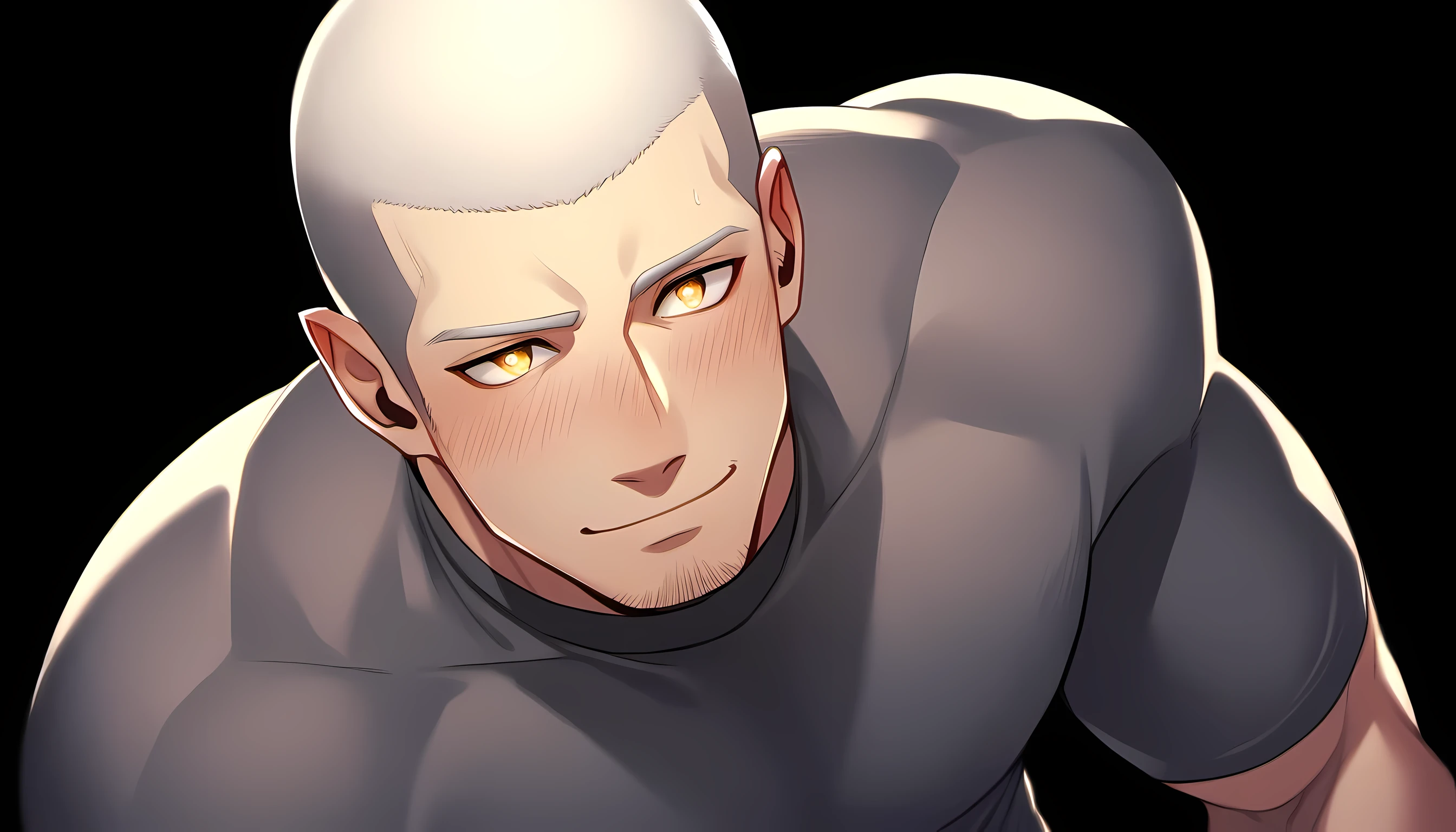 1 young muscular man, male focus, High collar dark gray spandex tight T-shirt, white hair, buzz clip, muscular male, muscular, only, Upper body, alone, white short hair, stubble, yellow eyes, black background, simple background, amazing quality, best aesthetics, Ridiculous, bright pupils, short hair, Smile innocently, blush, best quality
