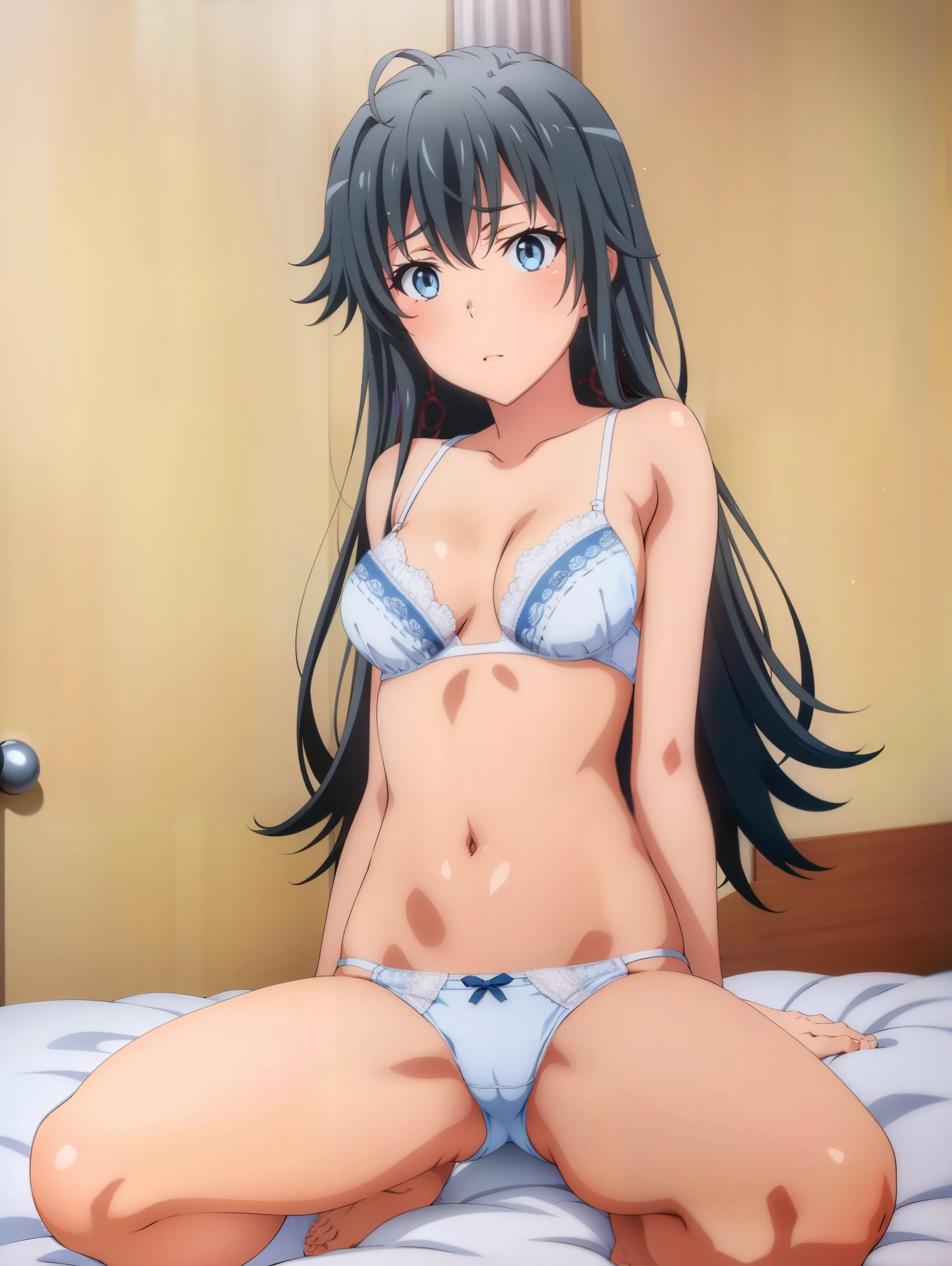1 girl,(bed),(yukih0sita yukino),underwear,(whole body:1,0),sit,long legs,barefoot,,(pussy cameltoe:1.0),(white bra),(White ruffled panties),