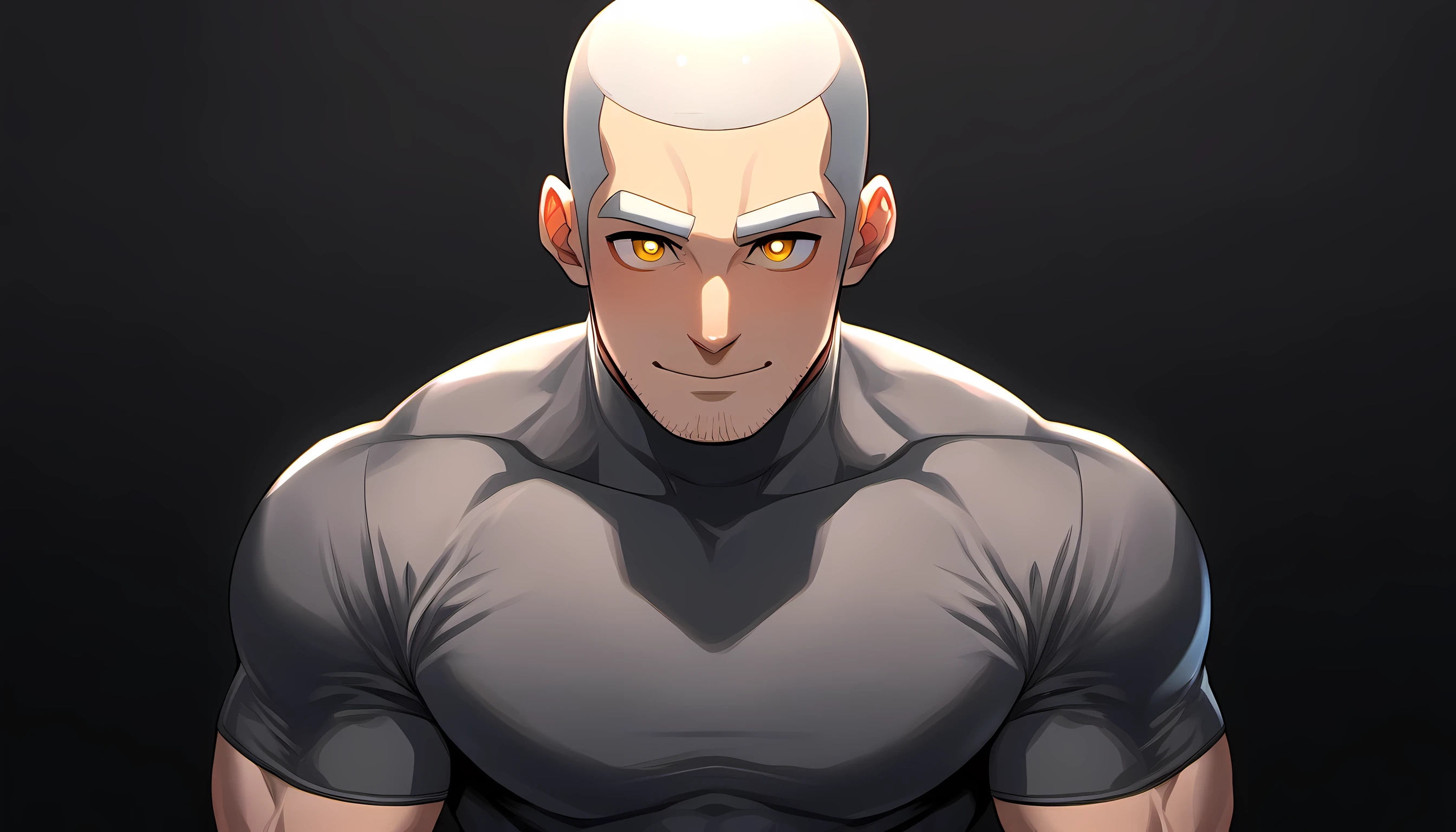 1 young muscular man, male focus, High collar dark gray spandex tight T-shirt, white hair, buzz clip, muscular male, muscular, only, Upper body, alone, white short hair, stubble, yellow eyes, black background, simple background, amazing quality, best aesthetics, Ridiculous, bright pupils, short hair, Smile innocently, blush, best quality