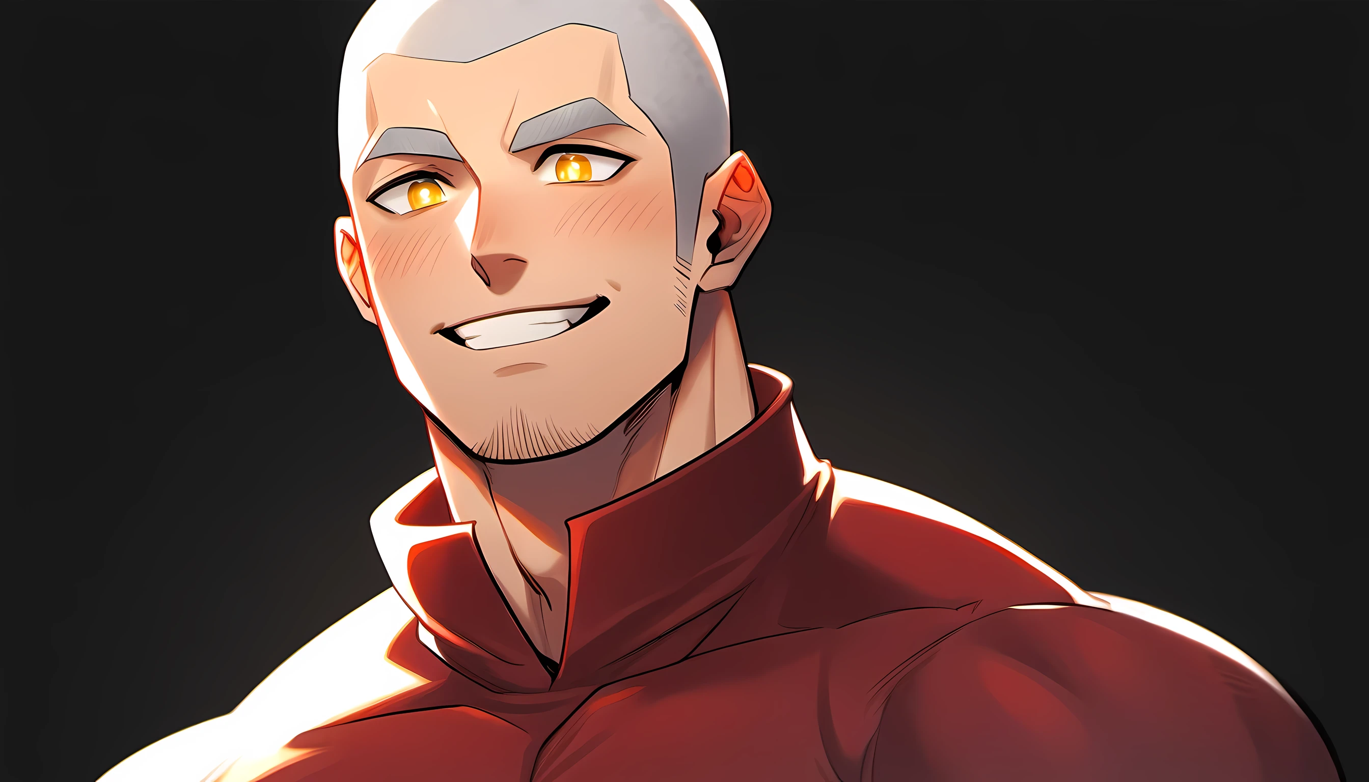 1 young muscular man, male focus, High collar dark red spandex tight T-shirt, white hair, buzz clip, muscular male, muscular, only, Upper body, alone, white short hair, stubble, yellow eyes, black background, simple background, amazing quality, best aesthetics, Ridiculous, bright pupils, short hair, Smile innocently, blush, best quality