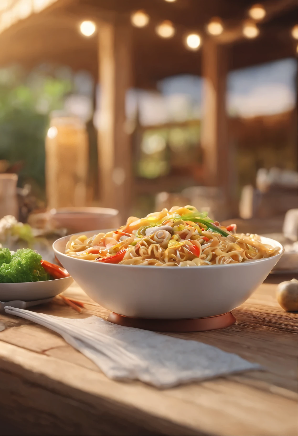 Noodle, , Placed on outdoor wooden table,Super realistic food pictures, Amazing food photography, 高品质food摄影, amazing food illustration, food, 4k polymer clay food photography, Culinary Arts Photography, 4k food photography, Ramen, 4k food photography