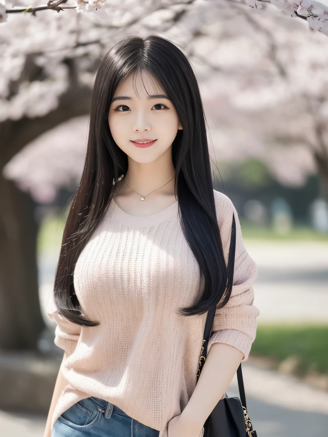 highest quality,Cherry blossom trees,cute smile,A woman wearing cute plain clothes with little exposure,(Black hair with semi-long hairstyle),Here's the line of sight.,blur the background,big breasts,4K image quality