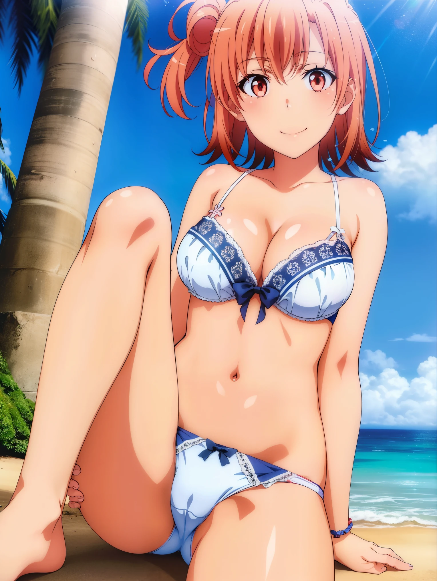 1 girl,(Ocean),(Yuigahama Yui),big breasts,,open mouth smile,,sit,long legs,calf,ankle,(Toe)(pussy cameltoe:1.0),(white bra),(White ruffled panties),