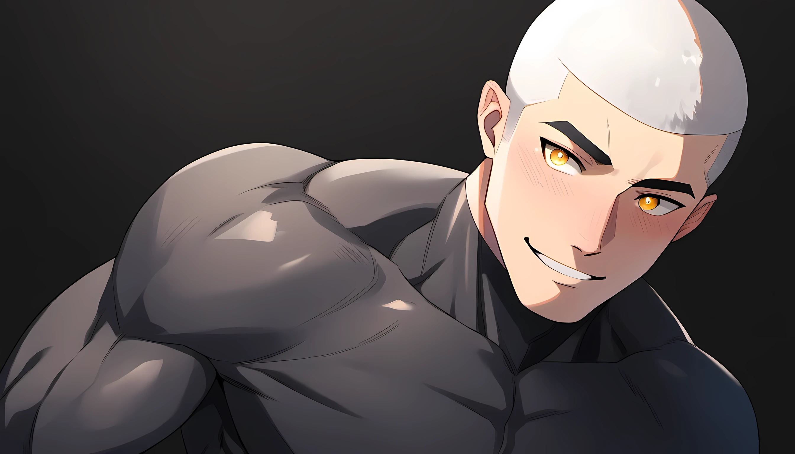 1 young muscular man, male focus, Dark gray wetsuit, latex texture, white hair, buzz clip, muscular male, muscular, only, Upper body, alone, white short hair, stubble, yellow eyes, black background, simple background, amazing quality, best aesthetics, Ridiculous, bright pupils, short hair, Smile innocently, blush, best quality