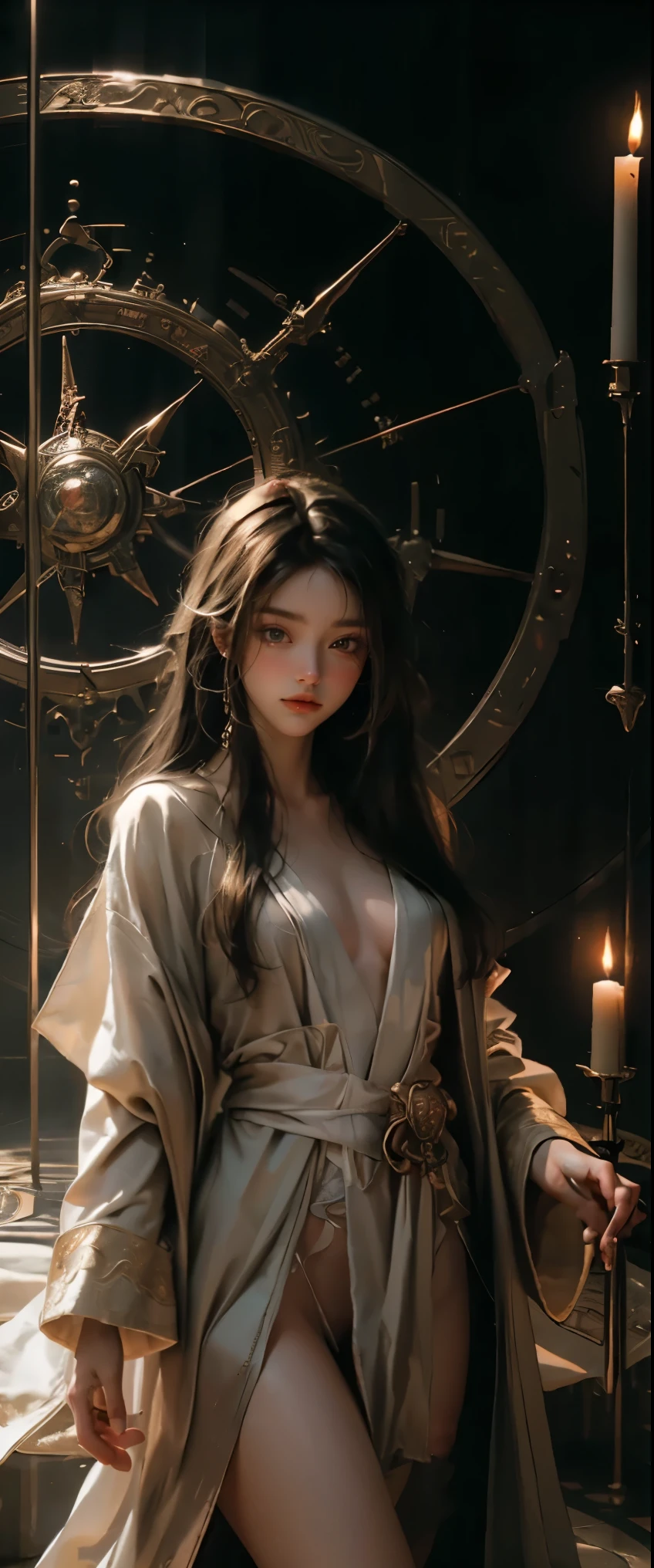 ((masterpiece, highest quality, Highest image quality, High resolution, photorealistic, Raw photo, 8K)), A young woman standing in the center of a huge magic circle on the floor, wearing a very long robe over her bare skin, a thick book in one hand open in prayer, 