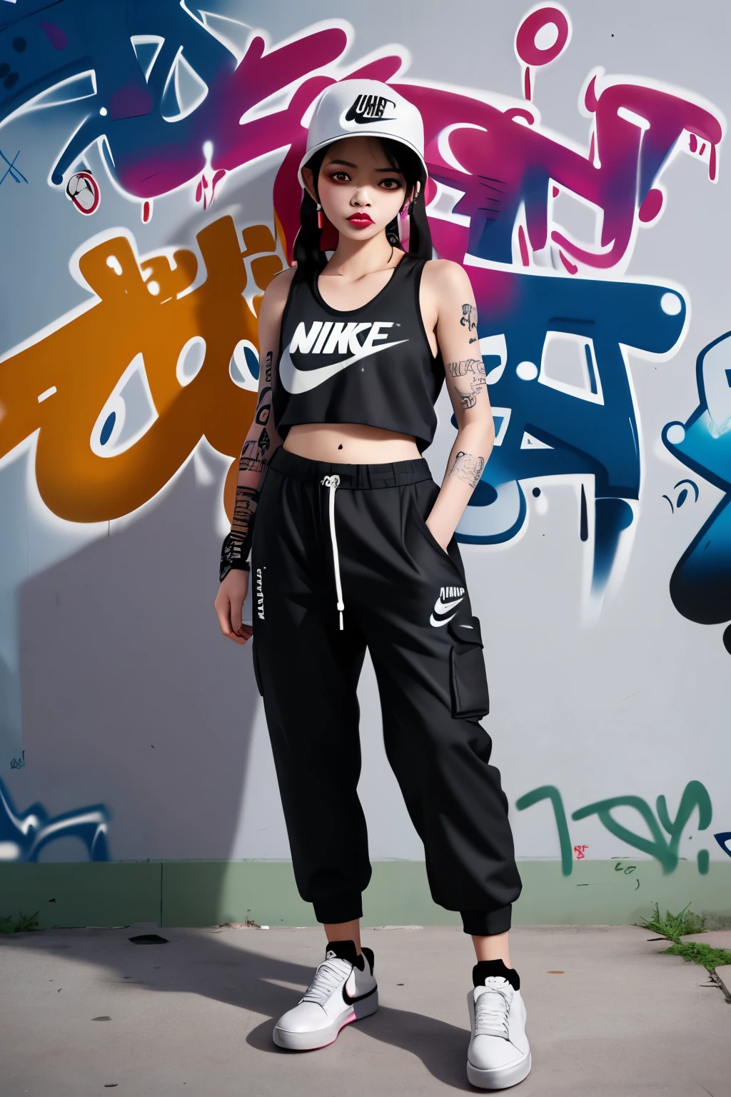Graffiti Asian girl Graffiti style Wearing a hip hop hat, wide ears, nose piercing, cigarettes, Slipknot tattooed tank top, hip hop pants, and oversized Nike sneakers, standing in front of a wall of graffiti, Thai style, cloud graffiti. ,Graffiti work.