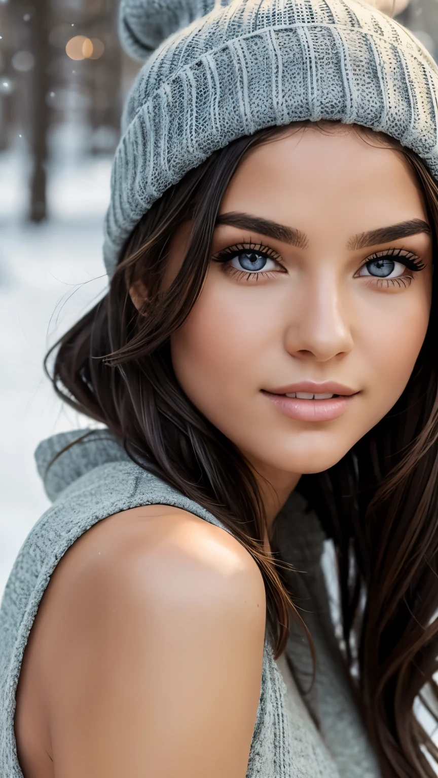 Very very very sexy girl, 1girl, solo, brunette hair, parted hair style, wearing long jumper, wearing a woollen beanie, full body shot, body focus, Detailed skin, Detailed Face, Detailed Lips, Detailed Eyes, light make up, seductive smile, happy, textured skin, super detail lighting,  snowy background, winter atmosphere, 