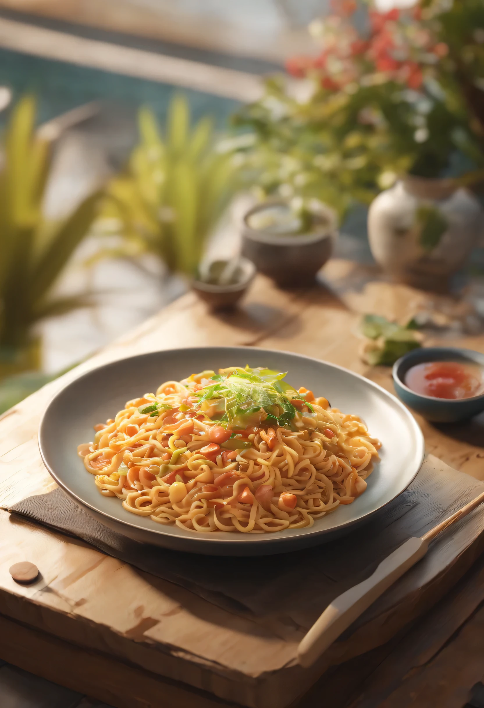 Noodle, , Placed on outdoor wooden table,Super realistic food pictures, Amazing food photography, 高品质food摄影, amazing food illustration, food, 4k polymer clay food photography, Culinary Arts Photography, 4k food photography, Ramen, 4k food photography