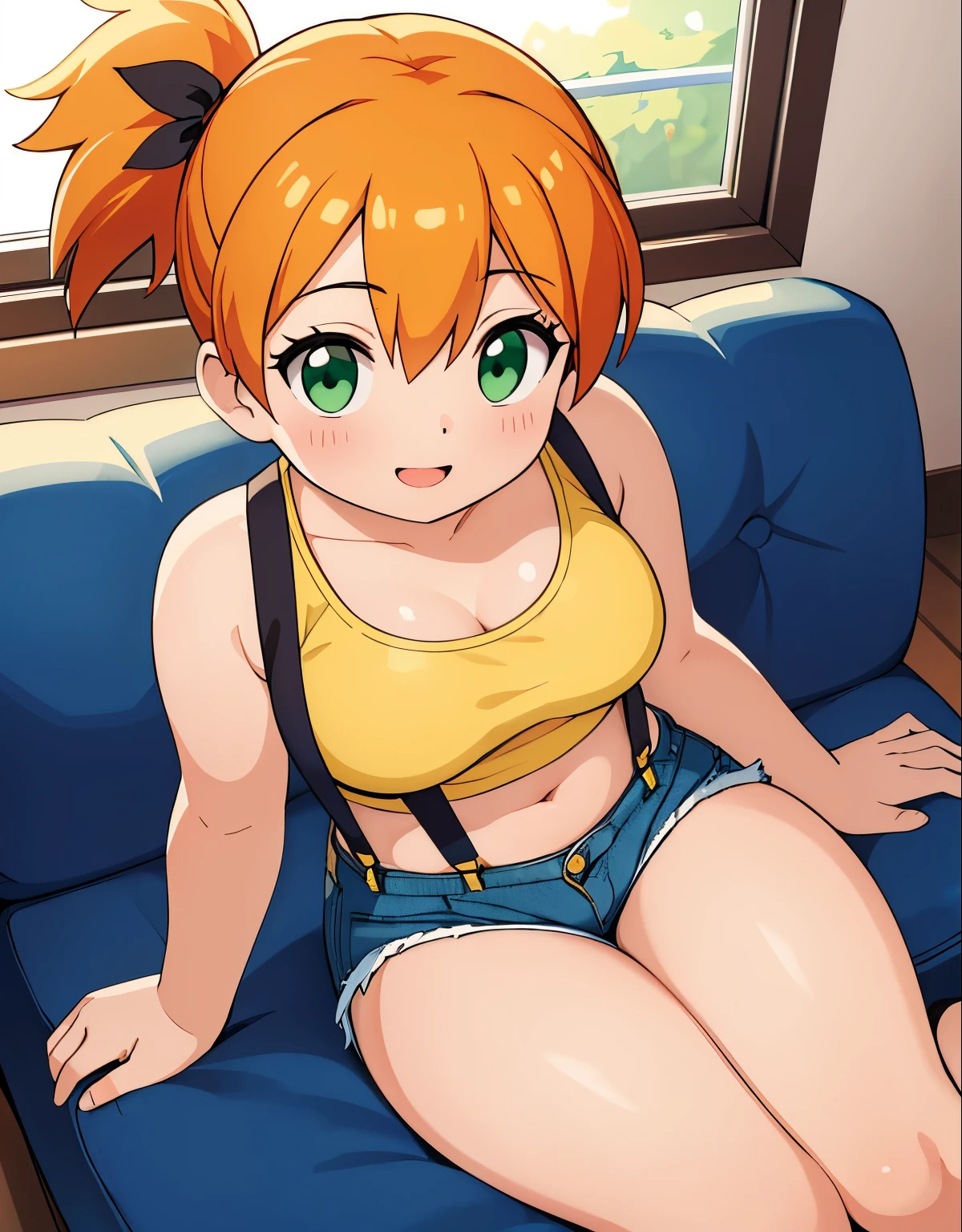 unattached beautiful girl, reclining on a vibrant red sofa, viewed from above, with a lovestruck gaze, (photorealistic:1.37), with (best quality,4k,8k,highres,masterpiece:1.2), misty, 1girl, breasts, looking_at_viewer, short_hair, closed_mouth, bangs, navel, hair_between_eyes, bare_shoulders, sitting, green_eyes, full_body, lying, sleeveless, midriff, orange_hair, side_ponytail, crop_top, looking_to_the_side, eyelashes, bare_legs, sleeveless_shirt, leaning_forward, arm_support, suspenders, tank_top, denim_shorts, yellow_shirt, hair_tie, green_shorts, suspender_shorts, yellow_tank_top, down blouse, body shape, chubby thighs, thick thighs, open mouth, smile, ultra-detailed description, capturing every exquisite detail of her appearance. Her eyes are mesmerizing, with long curled lashes, glistening in the light. Her lips are perfectly shaped, with a subtle hint of a smile. She is dressed elegantly in a flowing dress, radiating grace and charm. The scene is bathed in warm and romantic lighting, creating a captivating ambiance. The artwork possesses a fusion of realism and artistic flair, resulting in a masterpiece that showcases the emotions of love and admiration.