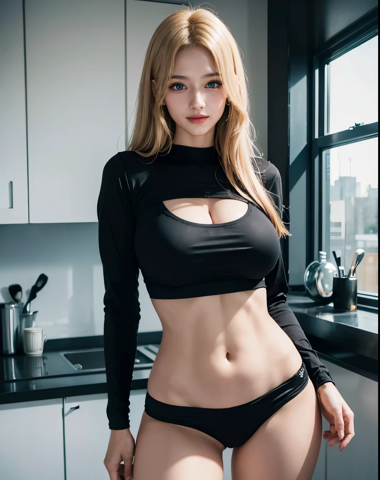 1girl, (Blue Eyes), (smiling :1.2), (Sana Minatozaki), (beautiful makeup :1.1), wide hips, Big tits, big ass, (Best Quality, 8k, Masterpiece: 1.3), Clear Focus: 1.2, Perfect Body Beauty: 1.4, strong abs, Highly detailed face and skin texture, detailed eyes, double eyelids, (blond long hair :1.2), (black thigh long t-shirt :1.3), standing, dynamic pose, in the kitchen, window in the back