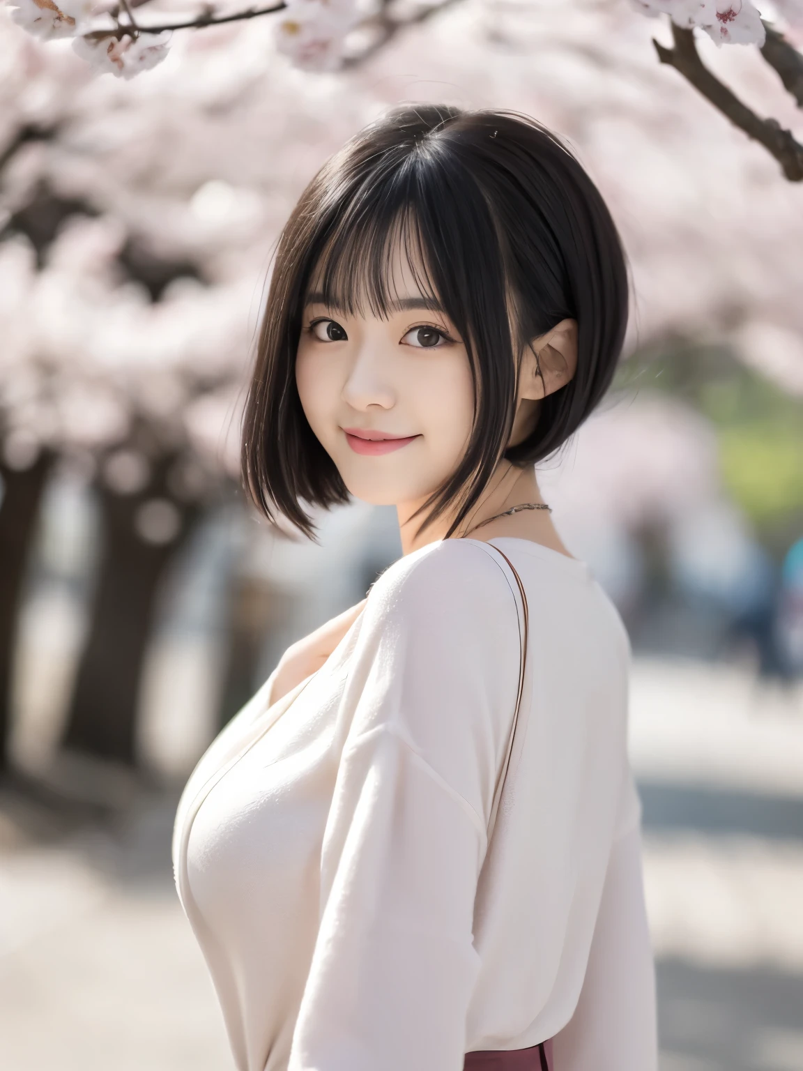 highest quality,Cherry blossom trees,cute smile,A woman wearing cute plain clothes with little exposure,(Black hair with semi-long hairstyle),Here's the line of sight.,blur the background,big breasts,4K image quality