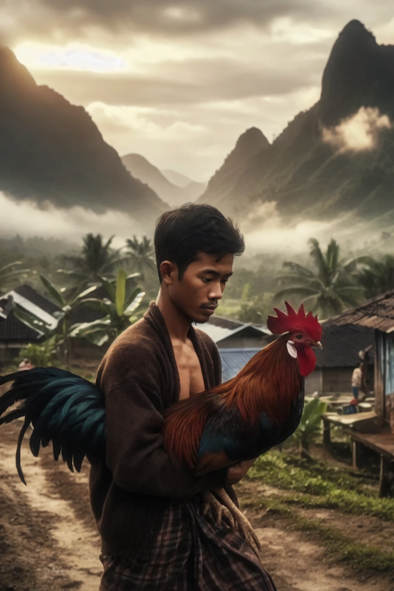 arafed man carrying a rooster on his back on a dirt road, inspired by Rudy Siswanto, by Rudy Siswanto, indonesia national geographic, pexels contest winner, the king of rooster, indonesia, cinematic. by leng jun, style of ade santora, dramatic portraiture of namenlos, by Basuki Abdullah