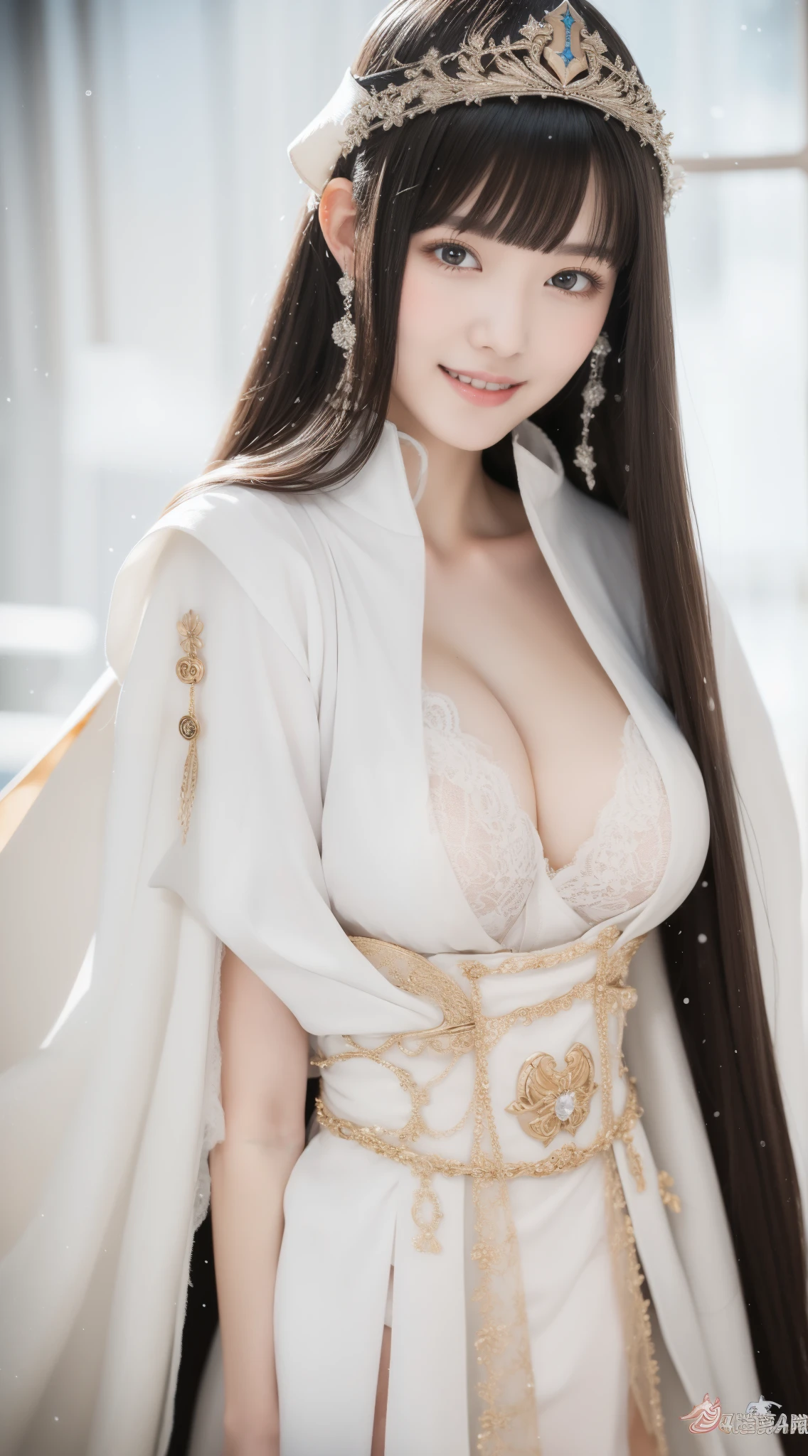 perfect figure beautiful girl:1.4, 17years old, smile, cleavage, huge breast Layered Hair Style, (Cleric:1.5), Jewelry Decoration, veil, Highly Detailed Face and Skin Textur, double-edged eyelid, Whiten the skin, long hair,  (background snow plains), diamond dust,