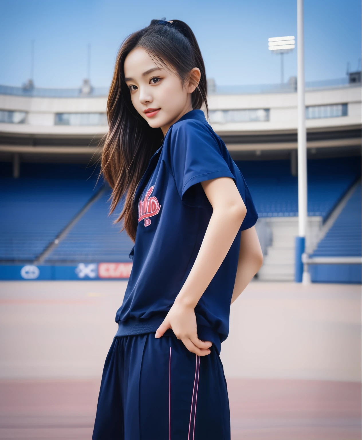 (bestquality,10,10,highres,masterpiece:1.2),ultra-detail,(Realistic,photorealistic portrait,photo-realistic:1.37),1 cute girl sitting on the football field,oily shiny skin,bara,light smile,BDclothes,((blue shirt:1.3)),short sleeves,shirt, trousers.,(navy_long_Pants Track:1.1), ((Stadium Background:1.3)),dynamic angle,excited,face focus,Dynamic Poses,from behide,Ass Focus,masterpiece, bestquality, ultra realistic, hyper-detail, 8k resolution, RAW photo, crisp focus, ((Navy blue shirt:1.1)), short sleeves, Long Path, Perfect body, 2 mature women, 18yo, cinematic light,Blue sweatpants,Gymware,Correct anatomy,Complete body, Correct body, sharp face, Anatomically correct body, full entire body, Realistic gestures, long-haired, Realistic poses,Wear long shorts.....................,Long leg span,Shapely,Sculpting Girl, Slender Figure, mannequin mannequins, Shapely, Beautiful body,Blue sweatpants