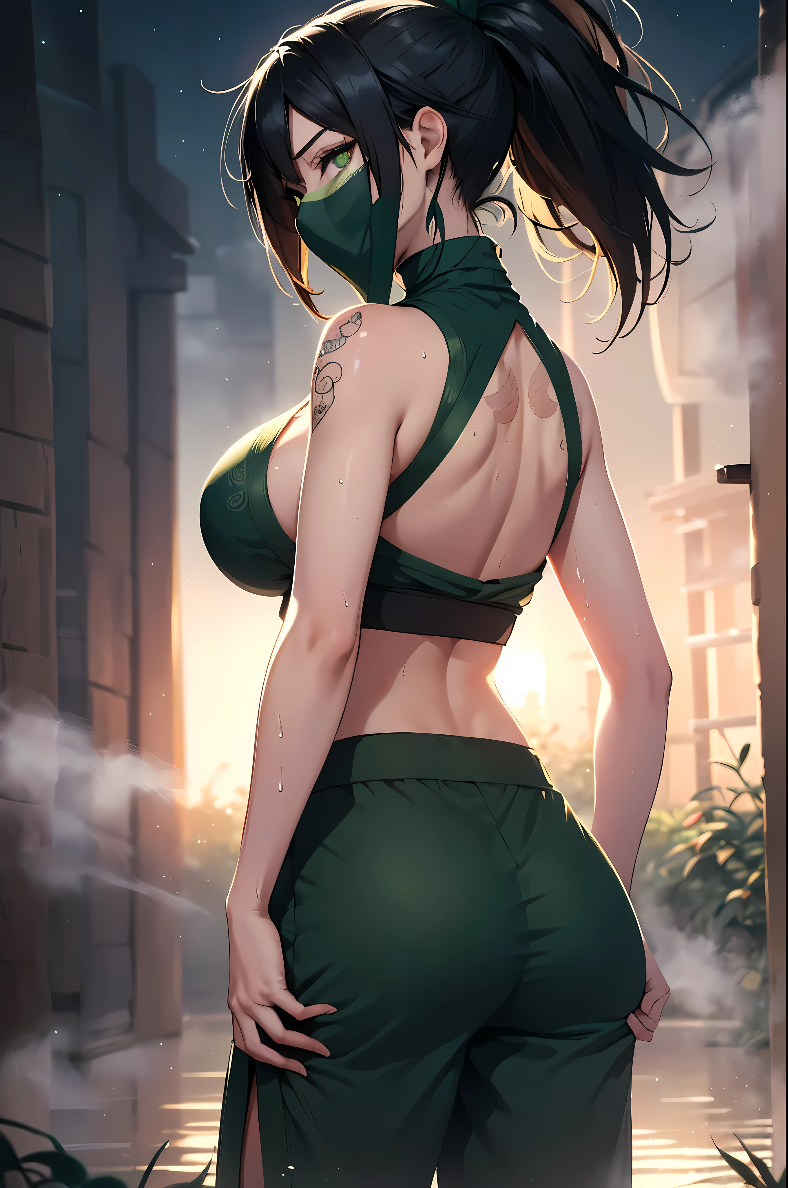 (masterpiece, best quality:1.2), intricate details, (Akali), 1 woman, (green crop top), pants, hair ribbon, bare shoulders, (green_mask),ponytail, (Black color_Tattoo:1.2), (Black color hair, sexy중년여성) , (big bust:1.2) , (wide hips, sexy:1.2) , (forest) ,(Kunoichi) , (cloudy:1.5) , (night:1.2) ,(dark), (green eyes:1.2) , ( a look:1.4)  , (split) , (wet) , (shuriken) , (go for it_location) , (back , ~am :1.2)