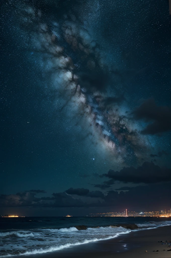 A starry sky, the sea, and a beautiful night view spread out.。Create digital matte paintings of night skies, oceans, and nightscapes for sci-fi movies.。