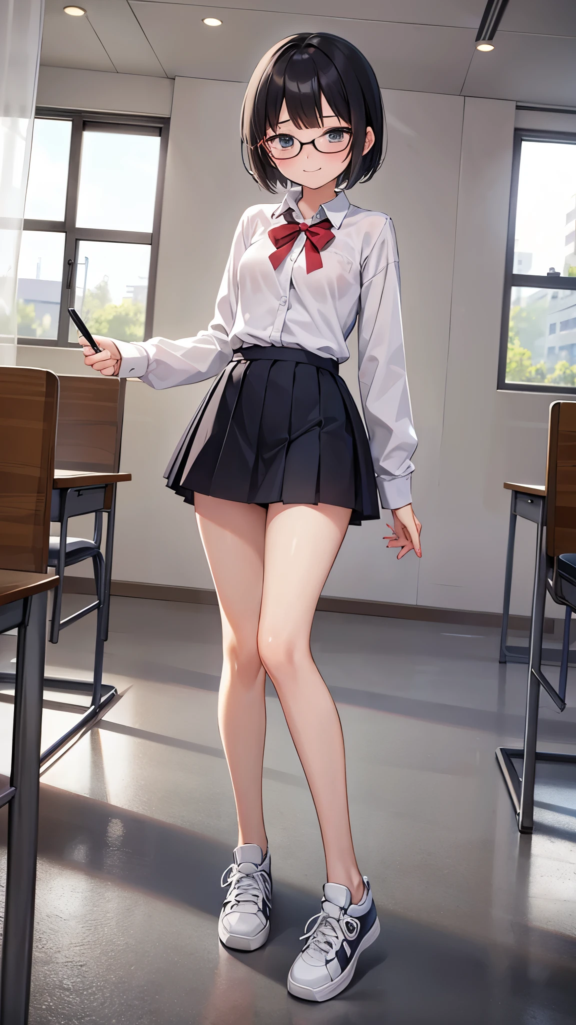 a young short girl, who had been made the class president due to her good grades, but wasn't sociable and couldn't bring the class together due to her timidity. and since she was too earnest, she couldn't abandon the duty that had been pushed onto her, and was always doing her best with a smile. short hair, wearing glasses, shirt slim legs, naked exposed undressed small flat breasts, black hair, lowcut sneakers, school skirt