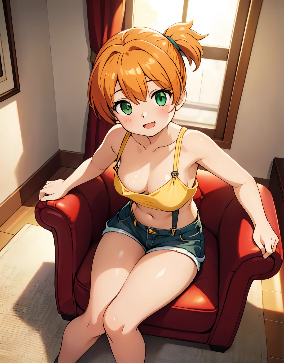 unattached beautiful girl, reclining on a vibrant red sofa, viewed from above, with a lovestruck gaze, (photorealistic:1.37), with (best quality,4k,8k,highres,masterpiece:1.2), full body, misty, 1girl, breasts, looking_at_viewer, short_hair, closed_mouth, bangs, navel, hair_between_eyes, bare_shoulders, sitting, green_eyes, full_body, lying, sleeveless, midriff, orange_hair, side_ponytail, crop_top, looking_to_the_side, eyelashes, bare_legs, sleeveless_shirt, leaning_forward, arm_support, suspenders, tank_top, denim_shorts, yellow_shirt, hair_tie, green_shorts, suspender_shorts, yellow_tank_top, down blouse, body shape, small breast, chubby thighs, thick thighs, open mouth, smile, ultra-detailed description, capturing every exquisite detail of her appearance. Her eyes are mesmerizing, with long curled lashes, glistening in the light. Her lips are perfectly shaped, with a subtle hint of a smile. She is dressed elegantly in a flowing dress, radiating grace and charm. The scene is bathed in warm and romantic lighting, creating a captivating ambiance. The artwork possesses a fusion of realism and artistic flair, resulting in a masterpiece that showcases the emotions of love and admiration.