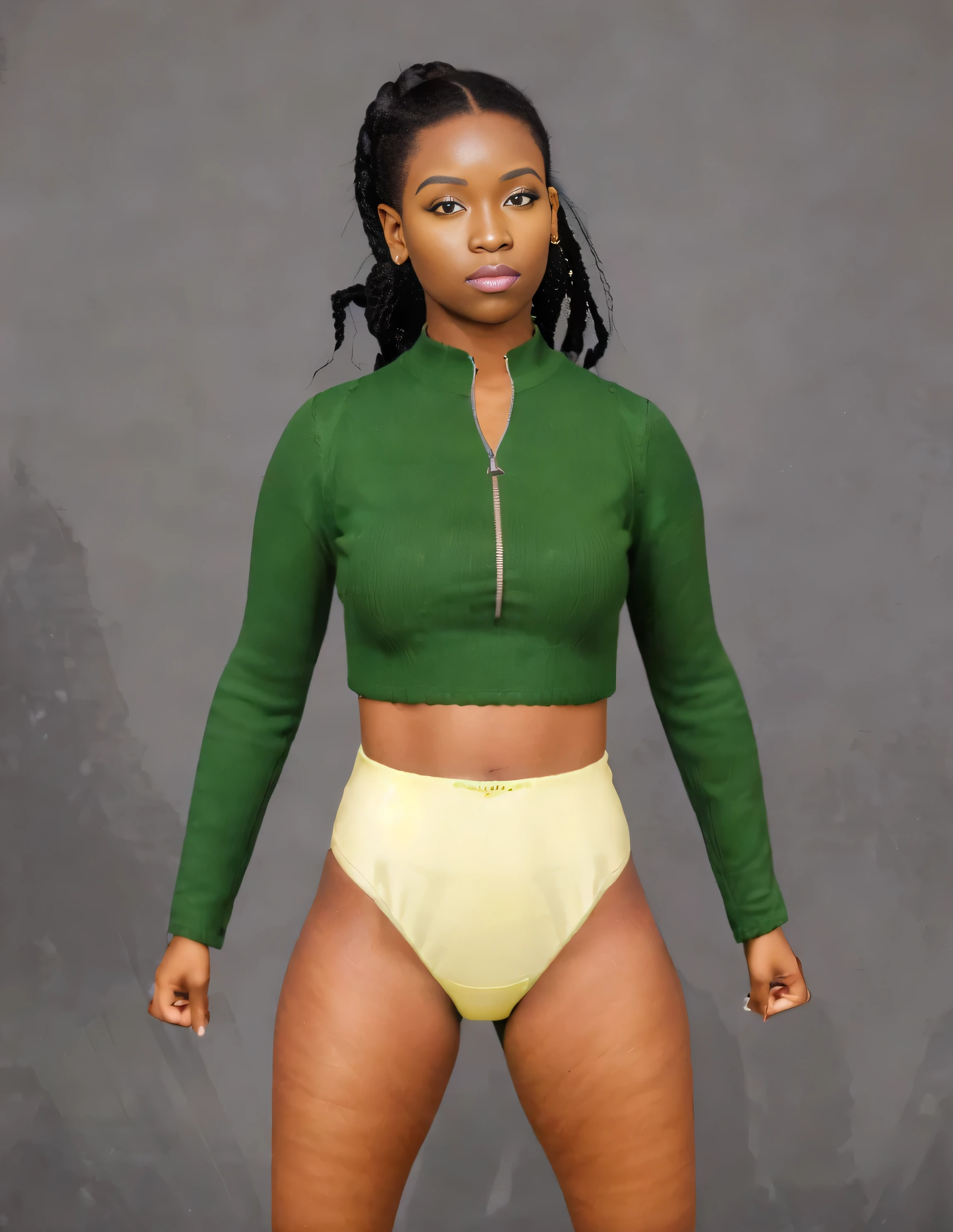 ((masterpiece, best quality)), ((28 year old)), (((Curvy))), (((Black woman with long black ponytail)), in green sweater, ((yellow high cut panties)), (((Large Hips))), Standing in front of a grey screen, (((photo realistic)))