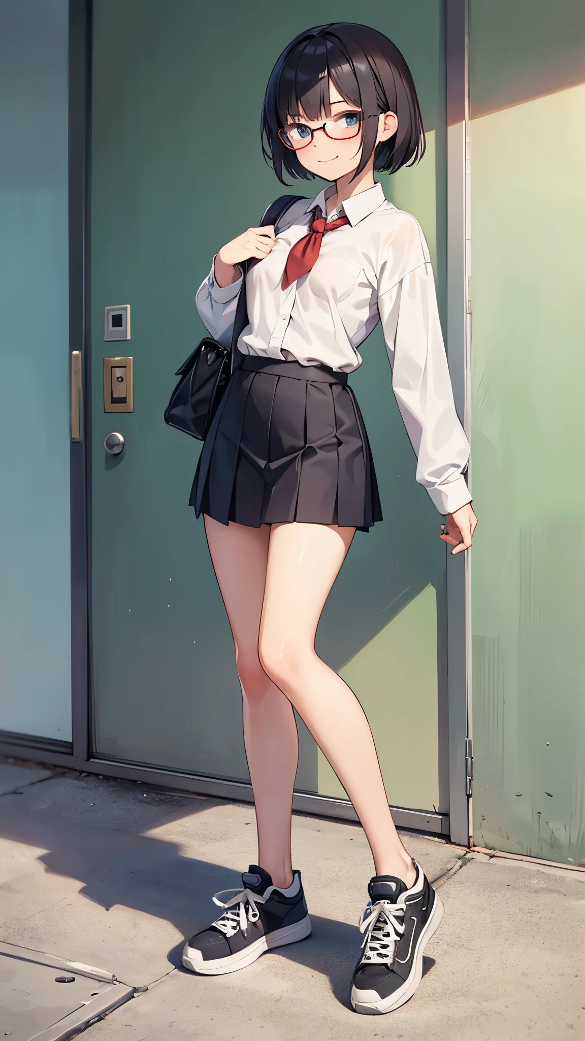a young short girl, who had been made the class president due to her good grades, but wasn't sociable and couldn't bring the class together due to her timidity. and since she was too earnest, she couldn't abandon the duty that had been pushed onto her, and was always doing her best with a smile. short hair, wearing glasses, shirt slim legs, naked exposed undressed small flat breasts, black hair, lowcut sneakers, school skirt