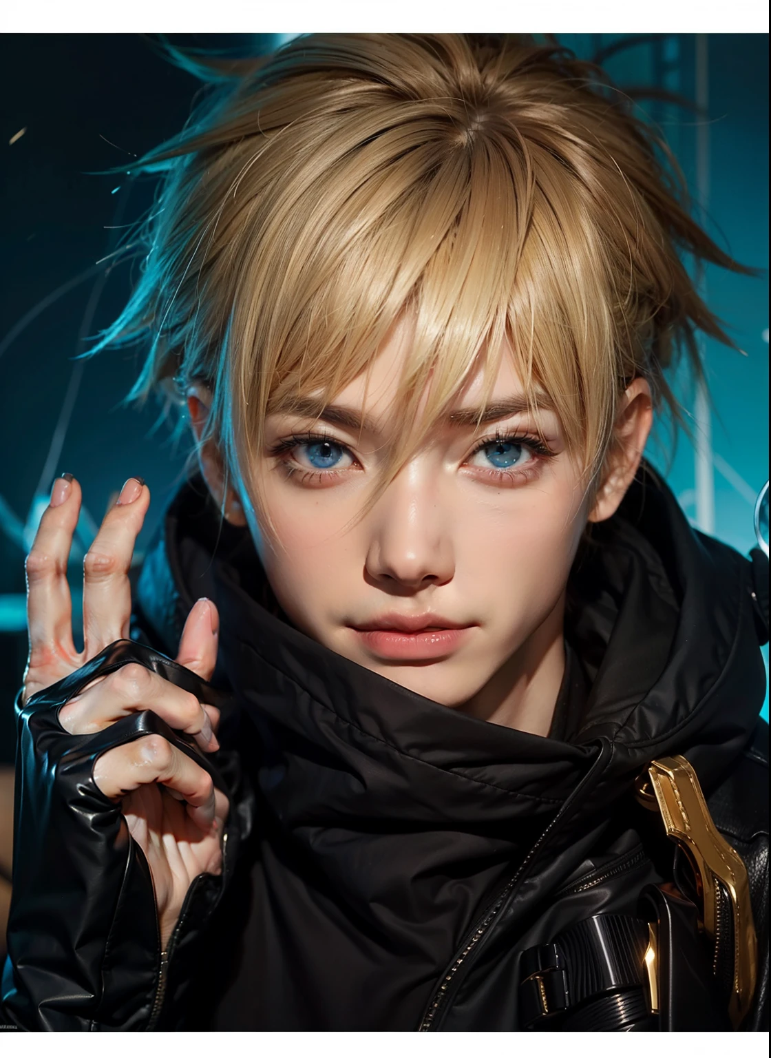 Man with blond hair and blue eyes doing a peace sign, tall man with blue eyes, Best 4K Kona-chan wallpaper, kaneki ken, male character, with your index finger, , ken kaneki, nagito komaeda, handsome pose, a handsome guy、black clothes、real 3d