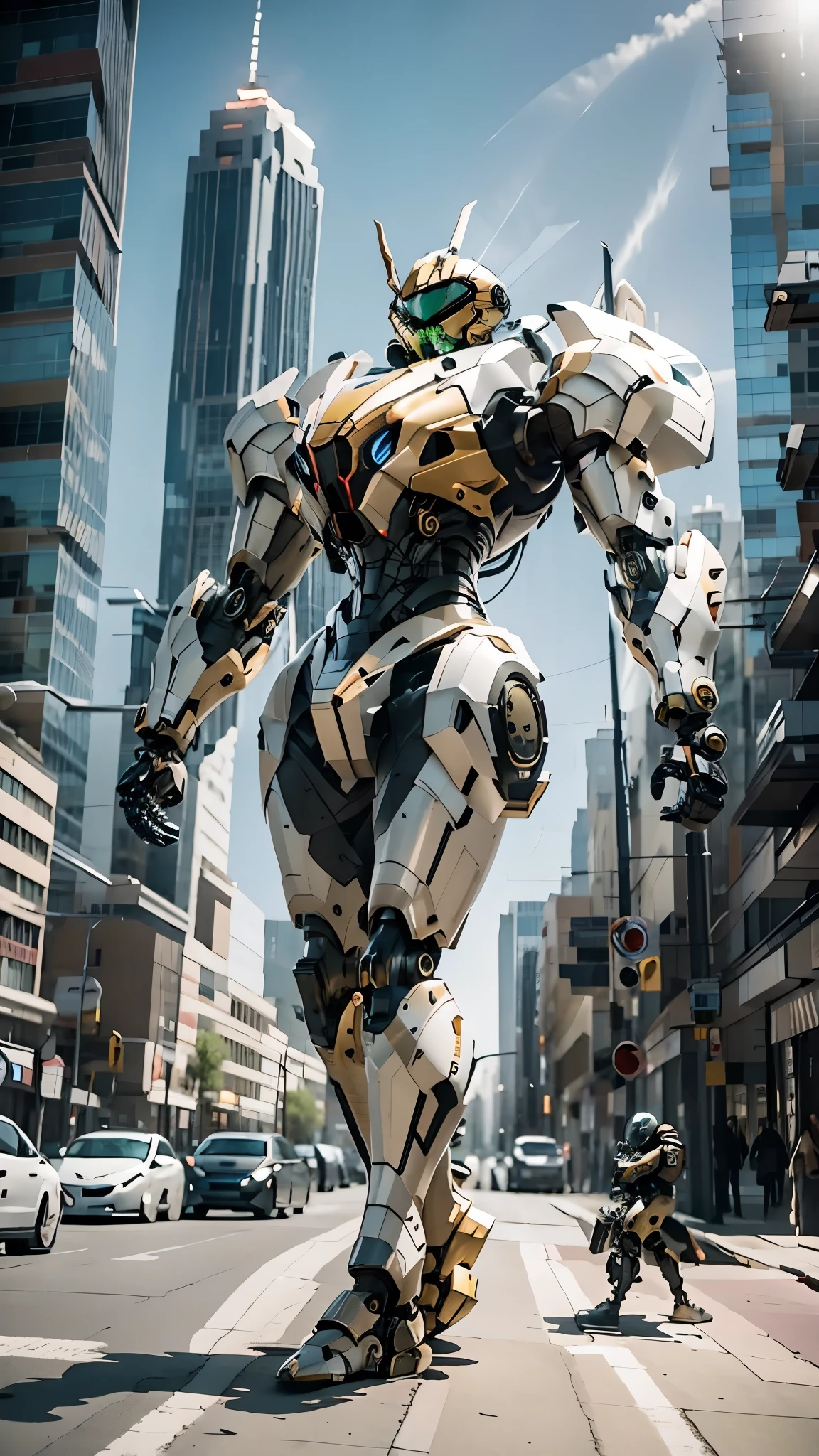 best quality，masterpiece，16k，Giant mecha,Vital Suits,building,Car tire structure feet,car,city,city lights,cityscape,cloud,day,destruction,east asian architecture,ground vehicle,Complex mecha structure,Looking up,Multicolored mecha,Half squat posture,full body,Super complex mechanical structure,mecha,outdoors,radio antenna,realistic,road,ruins,science fiction,skyscraper,street,traffic light