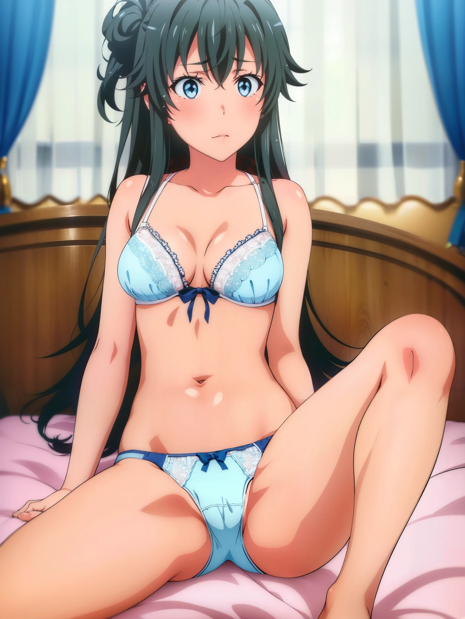 1 girl,(bed),(yukih0sita yukino),troubled face,underwear,(whole body:1,0),Lie,long legs,barefoot,,(pussy cameltoe:1.0),(white bra),(White ruffled panties),