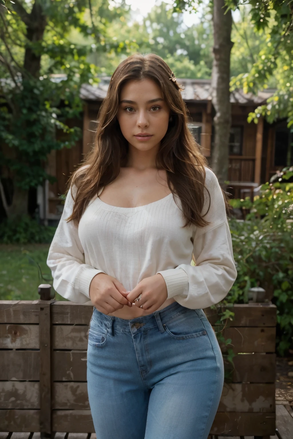 sophie mudd, Alycia Debnam-Carey, thick neck, latina, angelawhite, violet myers, 22 years old, 21 years old, hazel eyes, italian, italian latina,1 woman, 30yo, exterior rustic beauty of oak and maple trees, she's looking at camera, she's standing on gorgeous luxury treehouse deck with wood railing, riverside,  ((taken using Leica camera, aperture: f/2.3)) ,(kkw-ph1:0.9), hyper-realistic skin, (she has brunette hair, long, messy), her hair is pulled back over her ears, (she wears a outdoor sweater, worn jeans, subtle mound), healthy sun-kissed skin, blushing, her arms relaxed near her body, ,relaxed pose, she's in dark with natural light glow, radiant skin , sultry, tantalizing, perfectly framed face, perfect relaxed hands, perfect fingers, nail polish, (perfect portrait, incredible eyes:1.1), a work of art, beautiful composition, golden ratio, playful pleasure joy, inspiring, (highest quality fabric texture), every detail,Fine facial features – (Highest Quality) ,Leica camera film, High quality ○○ detailed – ○○ details ultra detailed(Ultra-fine ), Photorealistic, Extremely detailed(Extremely detailed) , (highest detail image, lens flare, realistic)○○ res – ○○ resolution ultra high res(A high resolution),playfully sexy and relaxed photos,